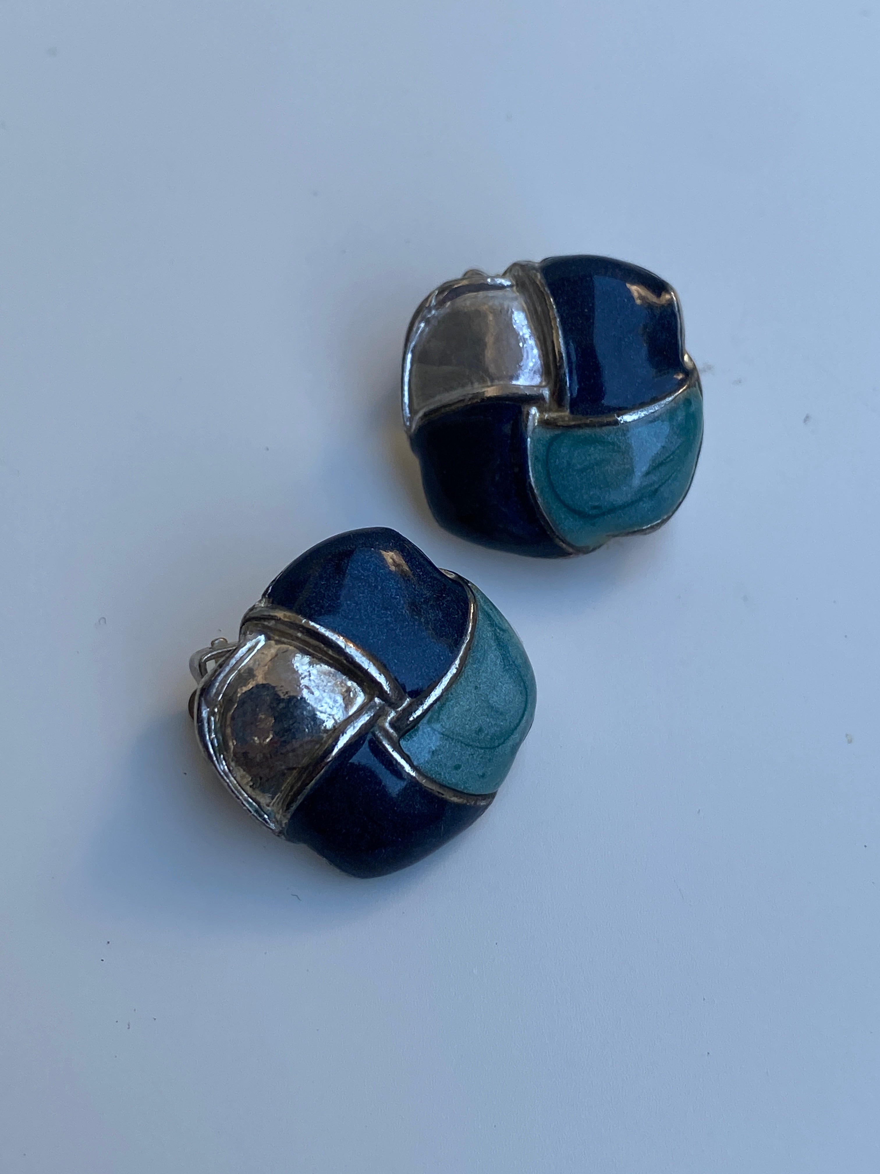 Vintage Geometric Enamel Clip-On Navy Blue, Teal & Silver Earrings