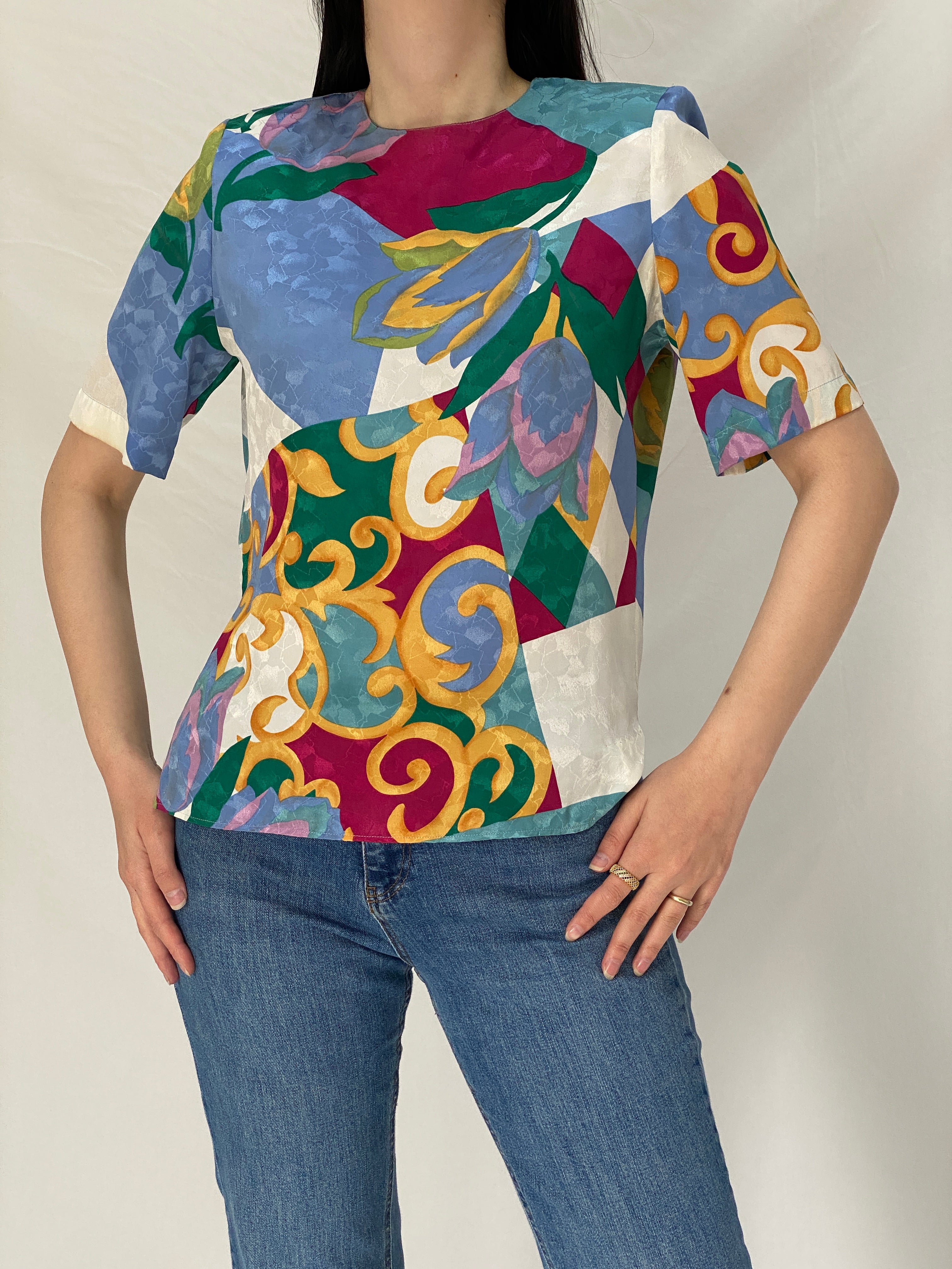 Vintage 90s Philippe Marques Abstract Print Structured Shoulder Short Sleeve Top - M