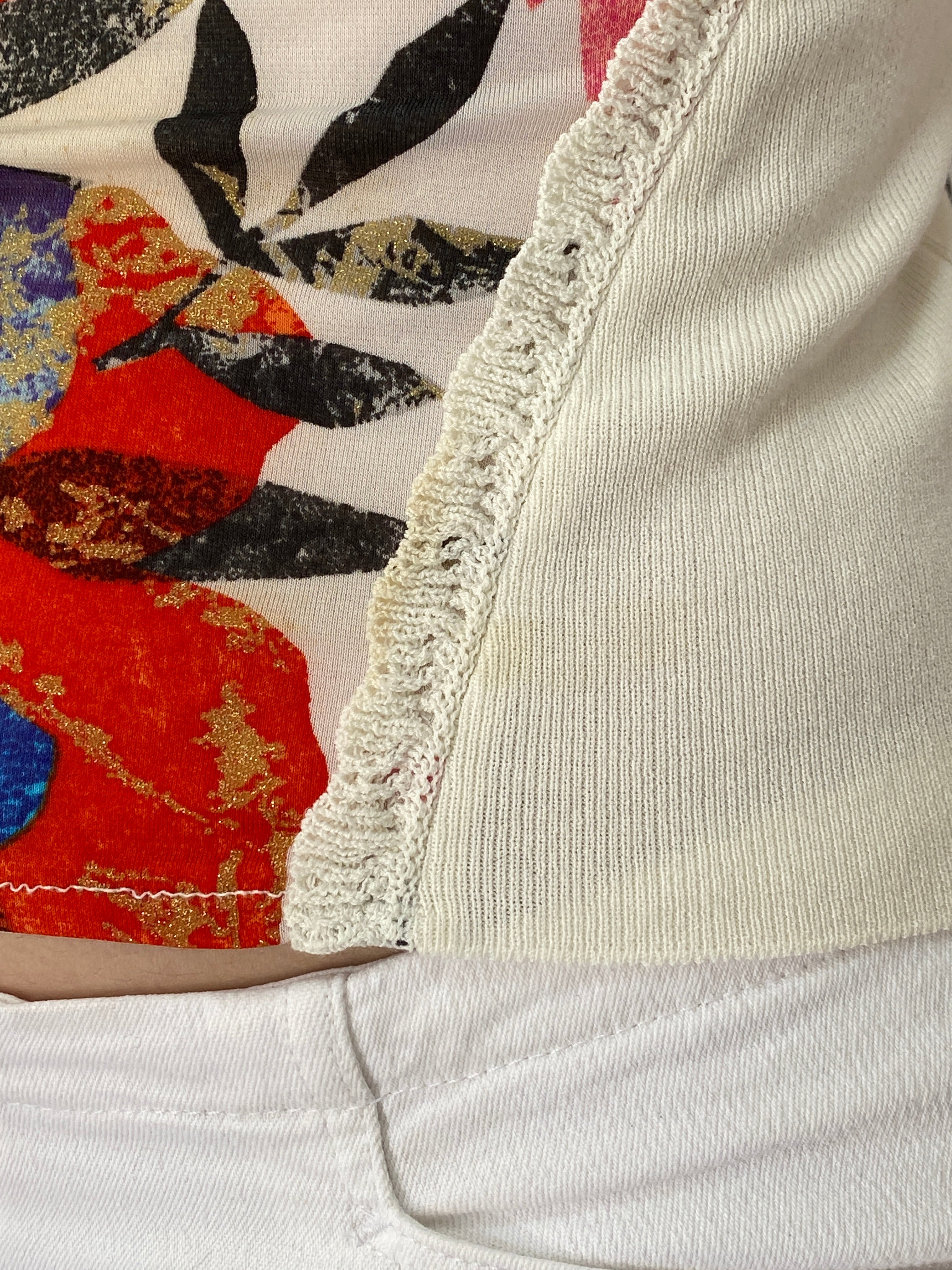 Vintage Y2K Abstract Floral Print Crochet Trim Cami Top Multicolor Knit Panel Cami - M