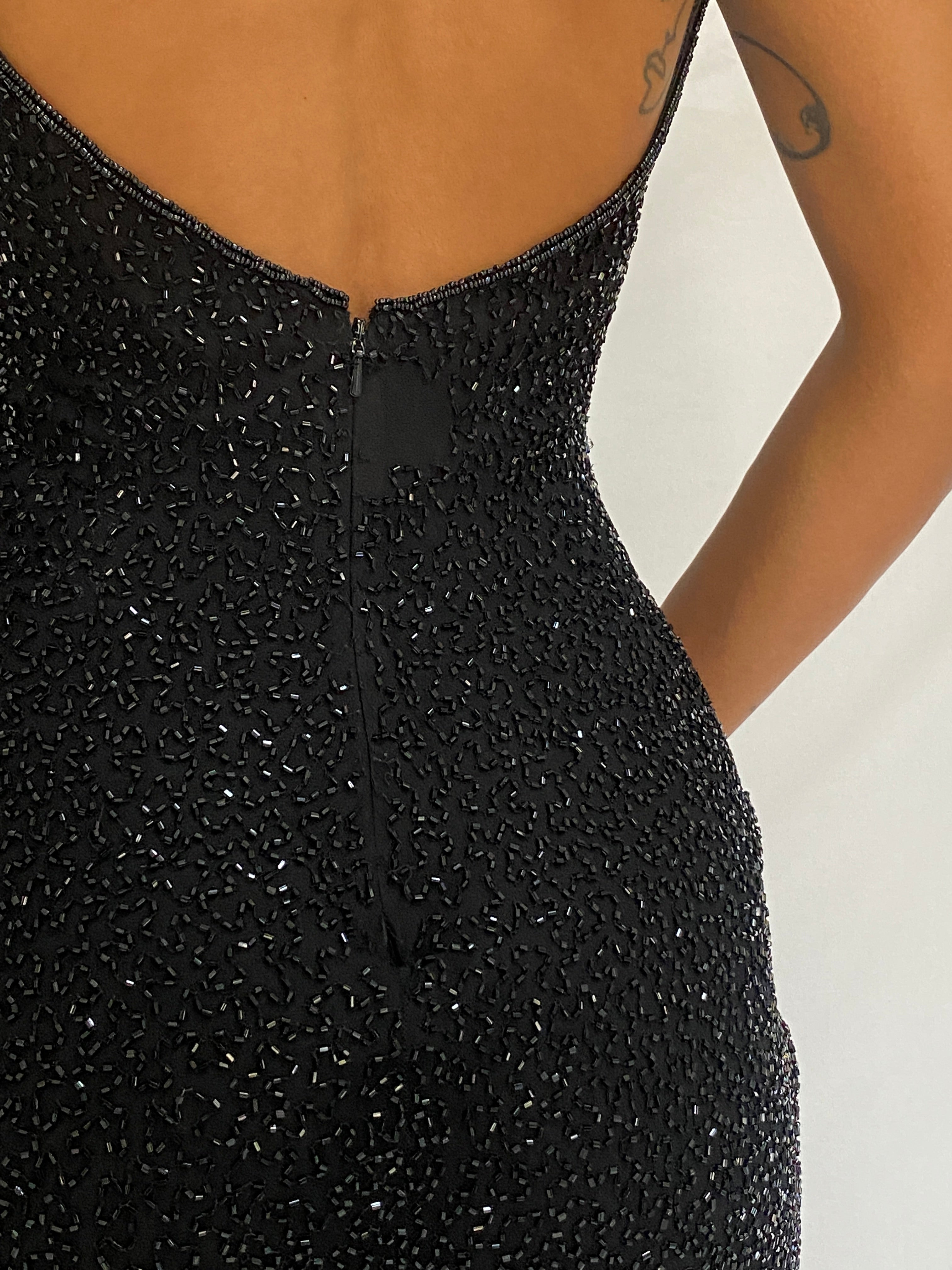 Vintage Y2K Scala Black 100% Silk Beaded Sheer Waist Evening Midi Dress - S