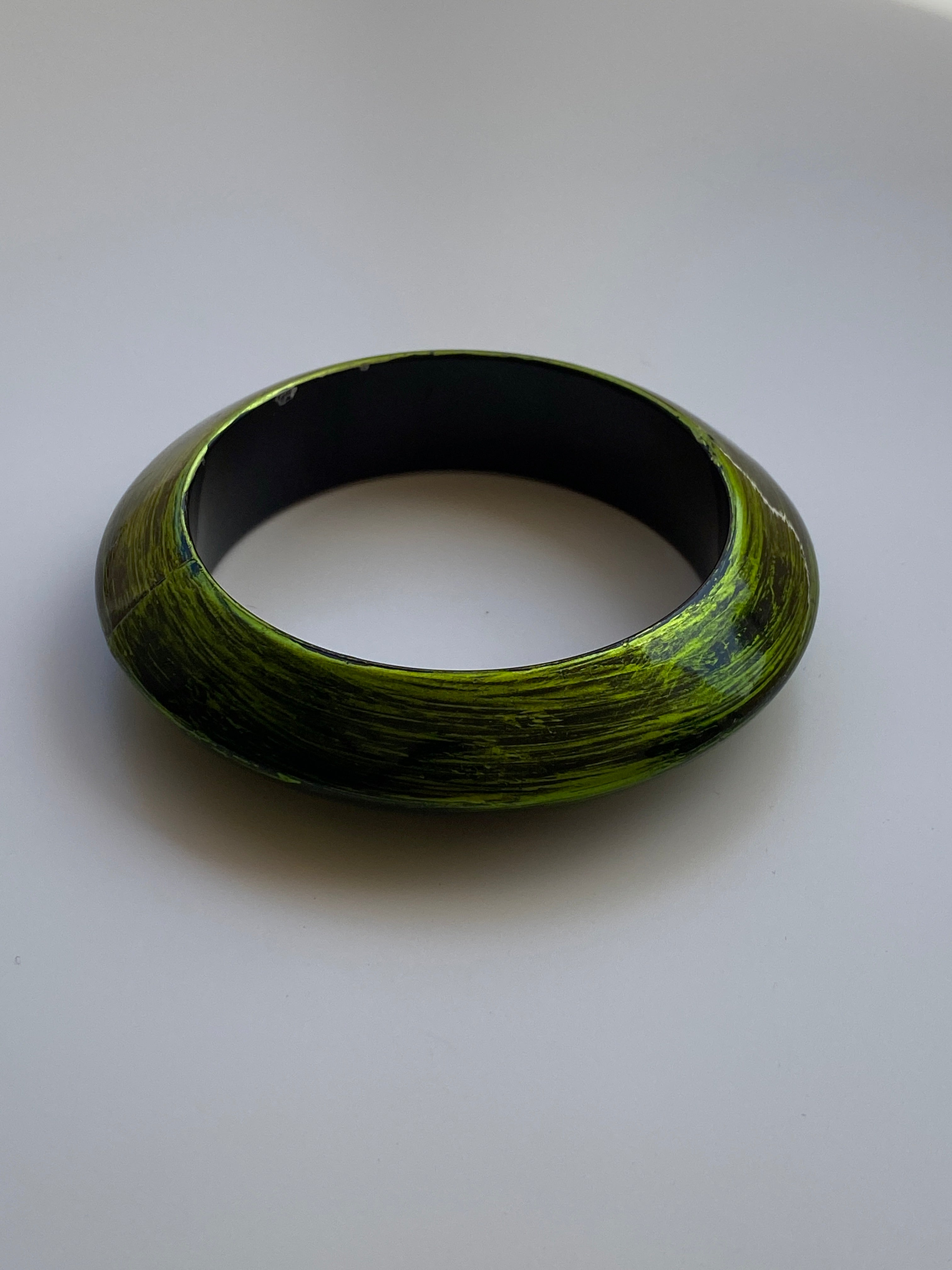 Vintage Green Black Brushstroke Bangle Bracelet Wide Chunky Cuff