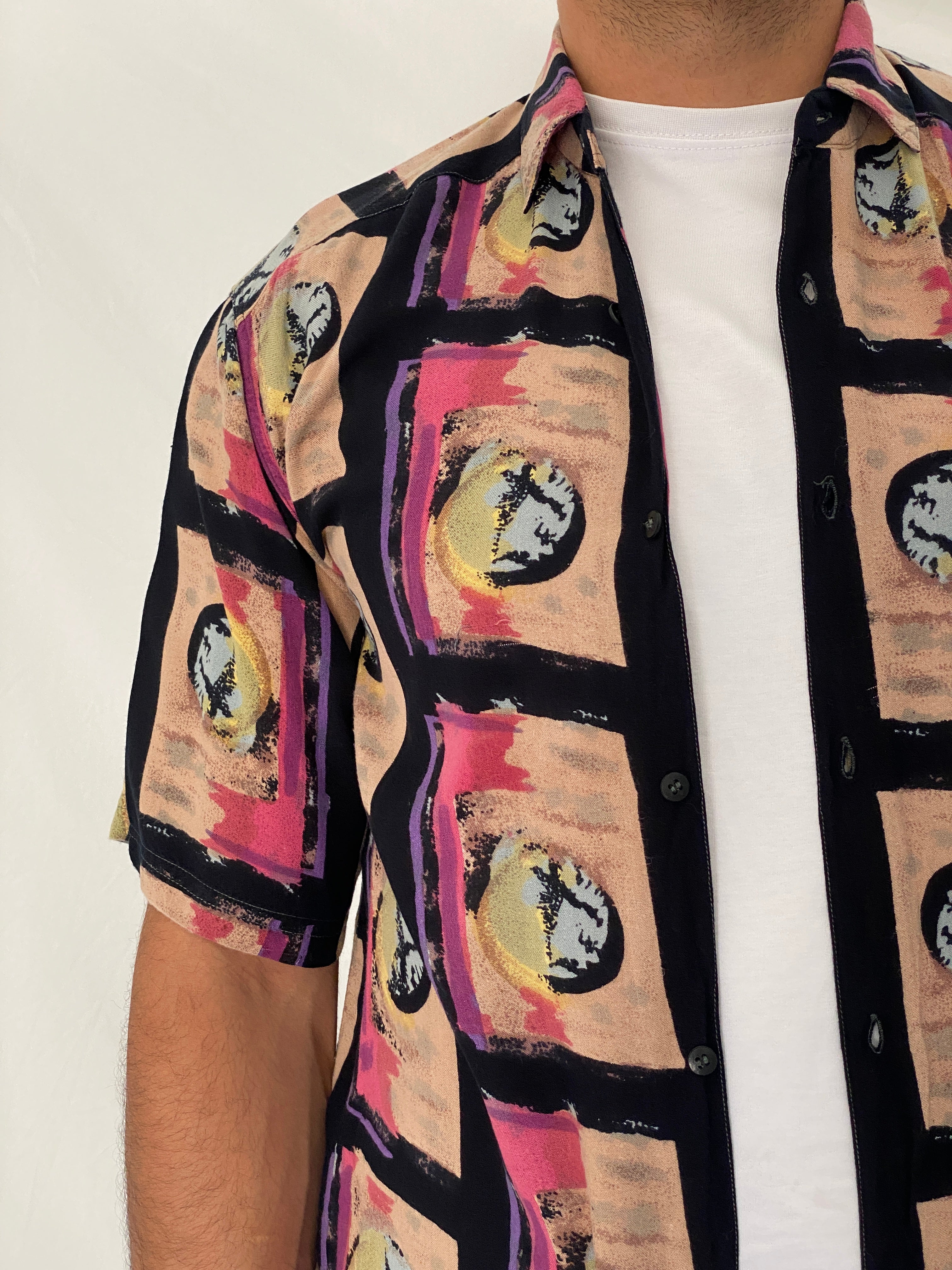 Vintage 90s Tribes Abstract Geometric Rayon Button-Up Shirt - M