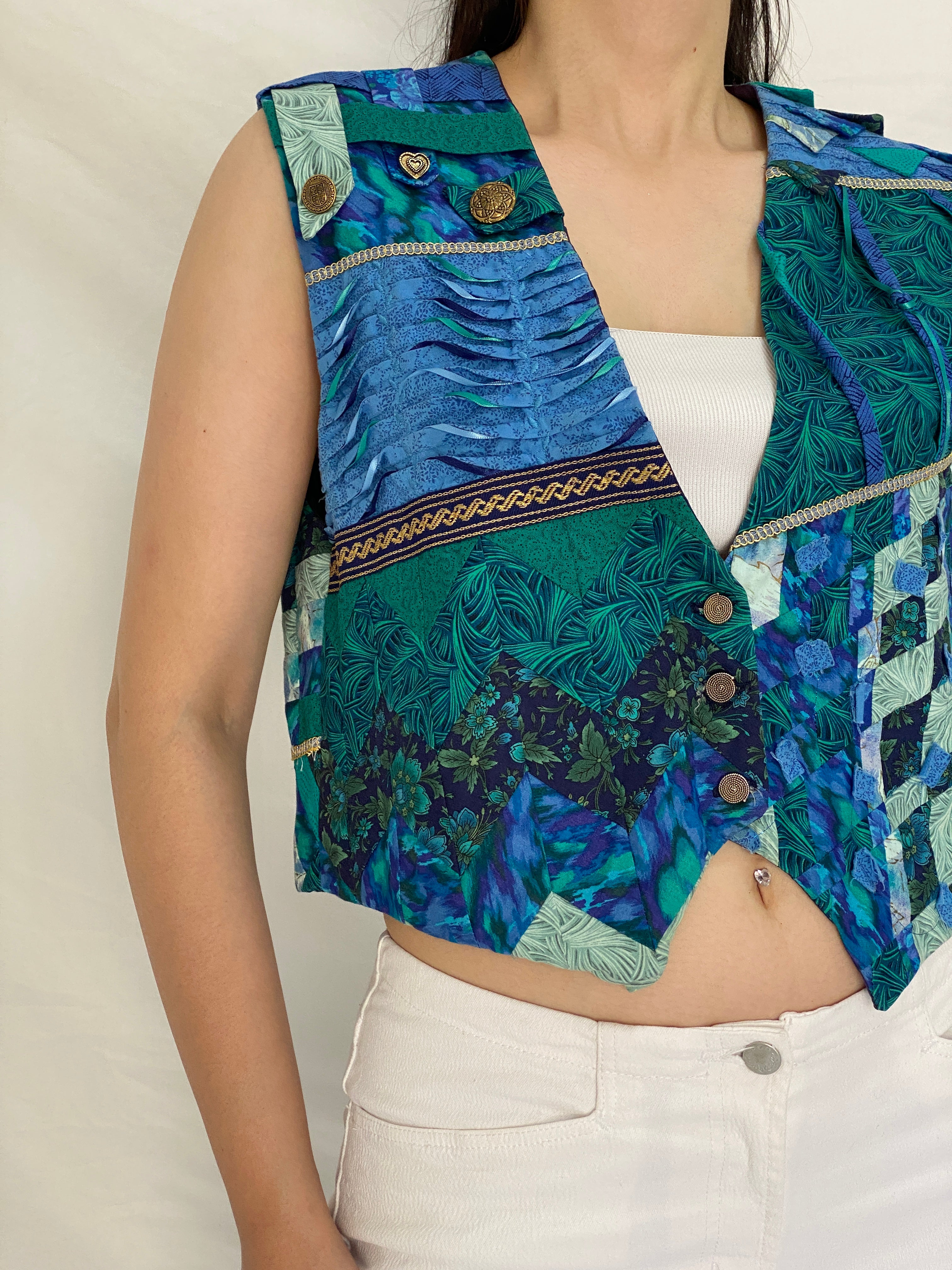 Vintage Handmade Blue & Green Quilted Patchwork Artisan Vest – M
