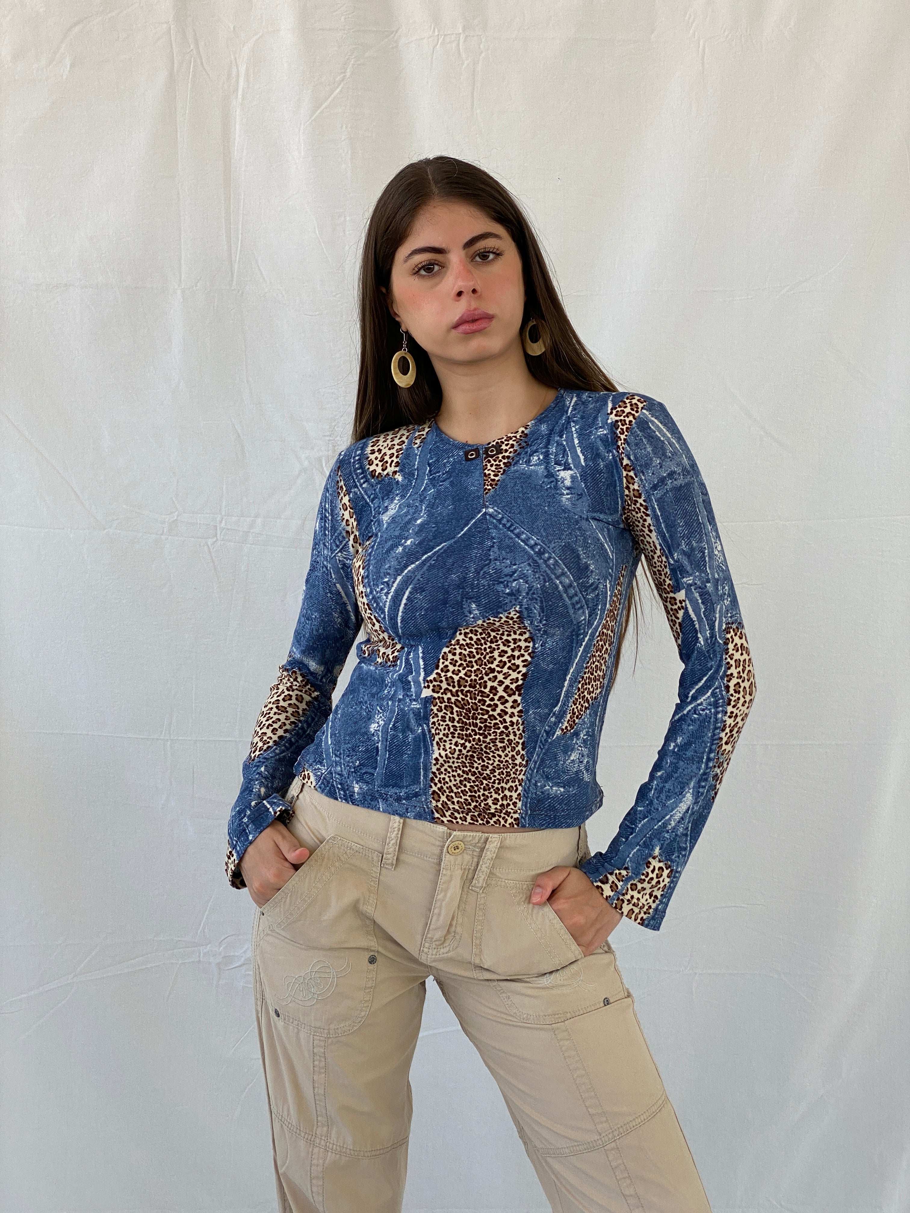 Vintage Denim and Animal Print Long Sleeve Top - S