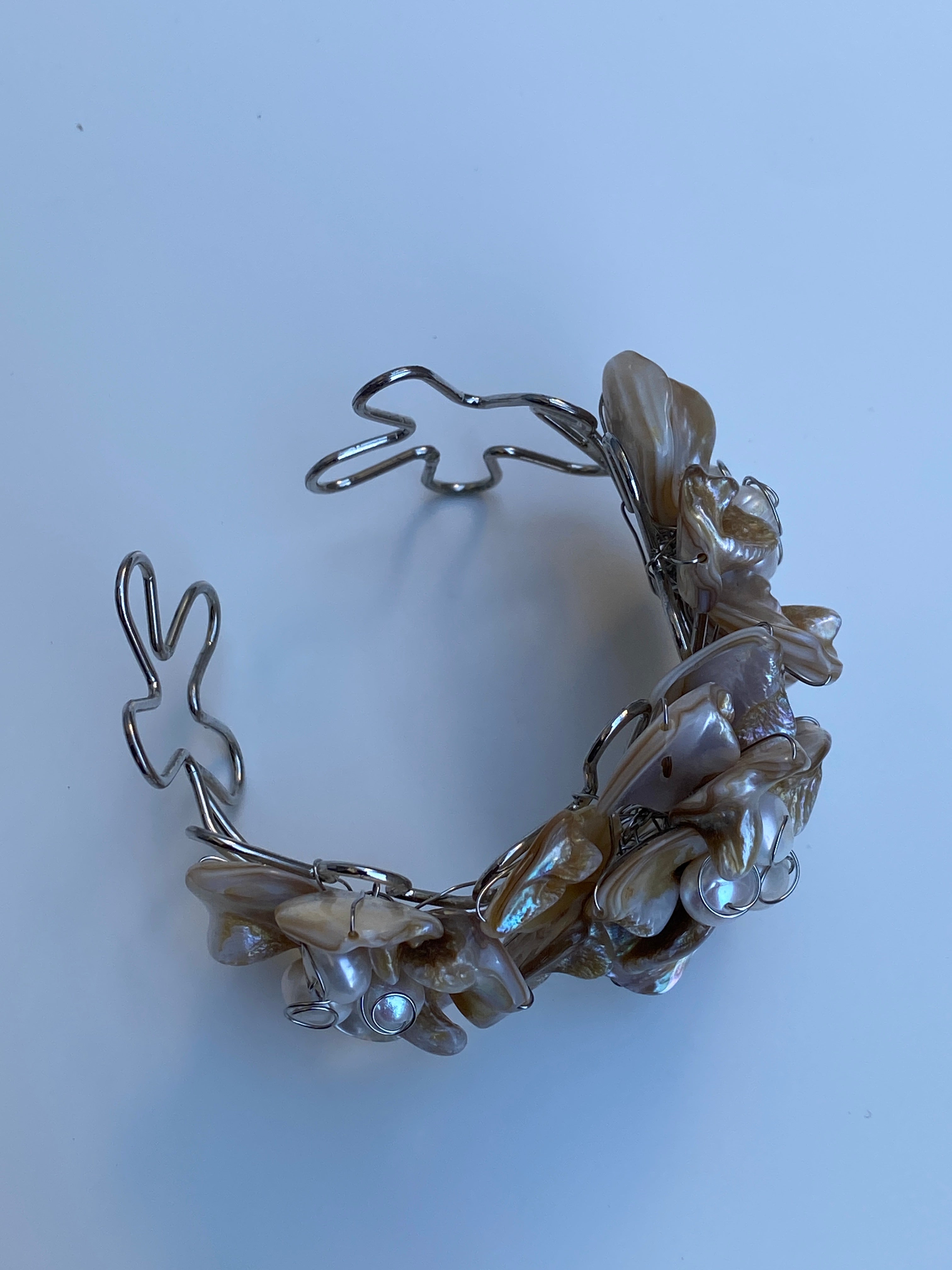 Vintage Mother of Pearl Cluster Cuff Handmade Artisan Shell Bracelet