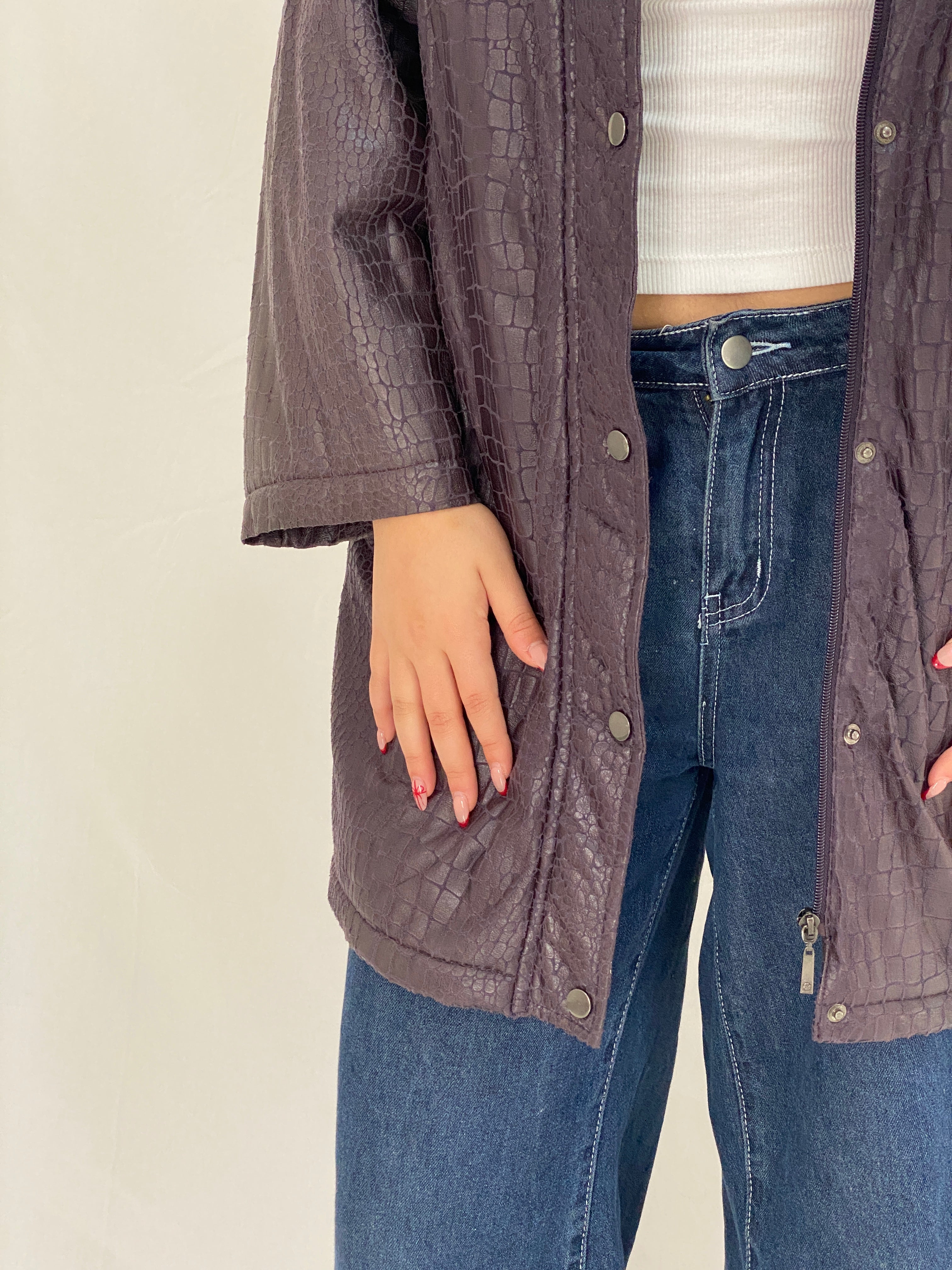 Vintage Purple Croc-Embossed Textured Longline Jacket Button-Up Coat - L