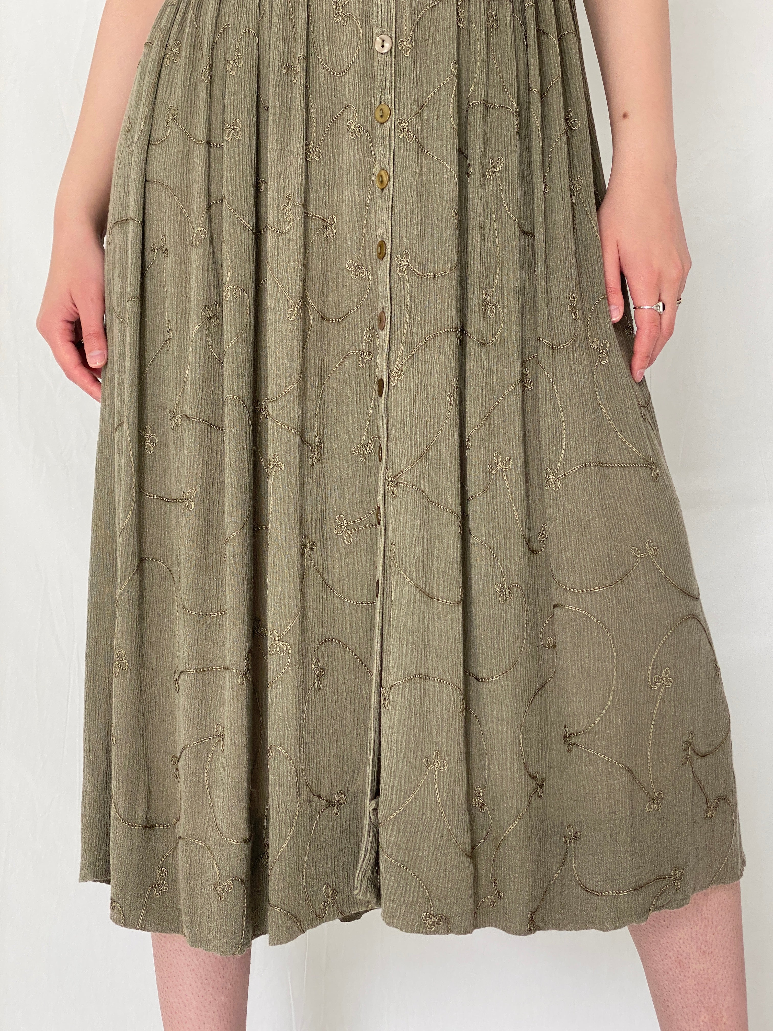 Vintage 90s Olive Embroidered Boho Rayon Blend Button Midi Dress – M