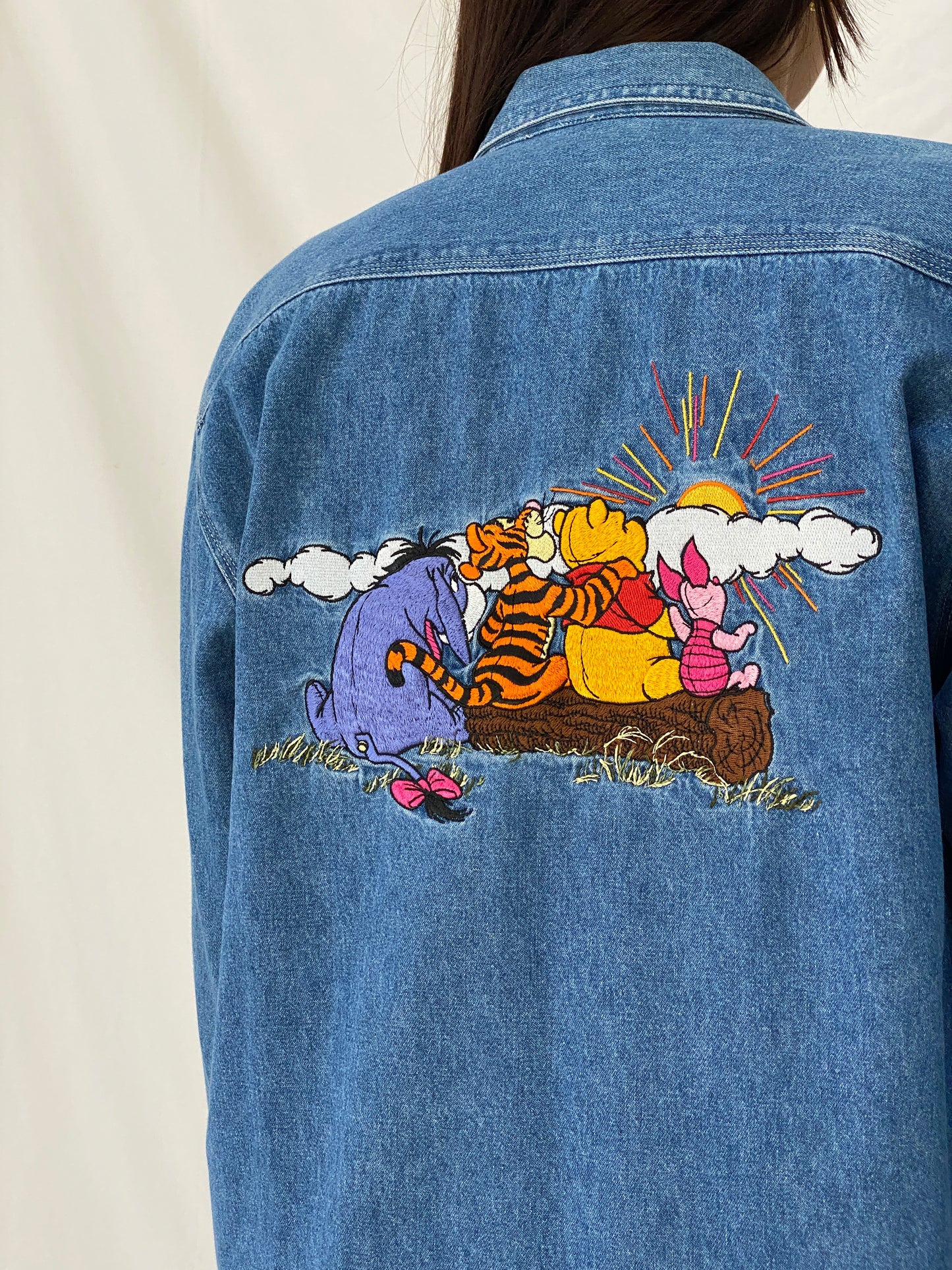 Vintage Disney Store Oversized Denim Shirt Embroidered Sun Cloud Patch Button Up Shirt - S