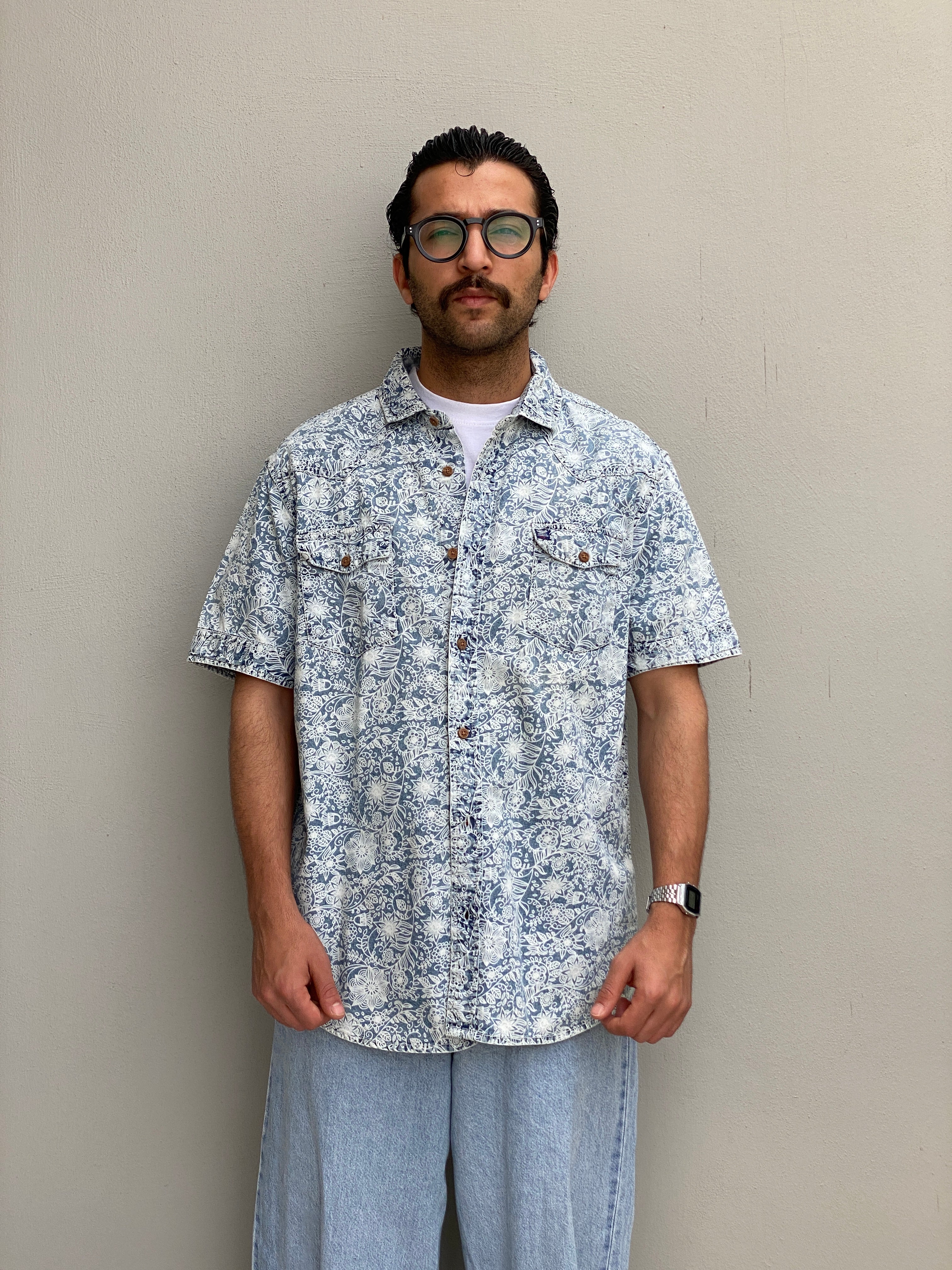 Vintage Petrol Industries Blue Floral Workwear Short Sleeve Men’s Shirt – 2XL
