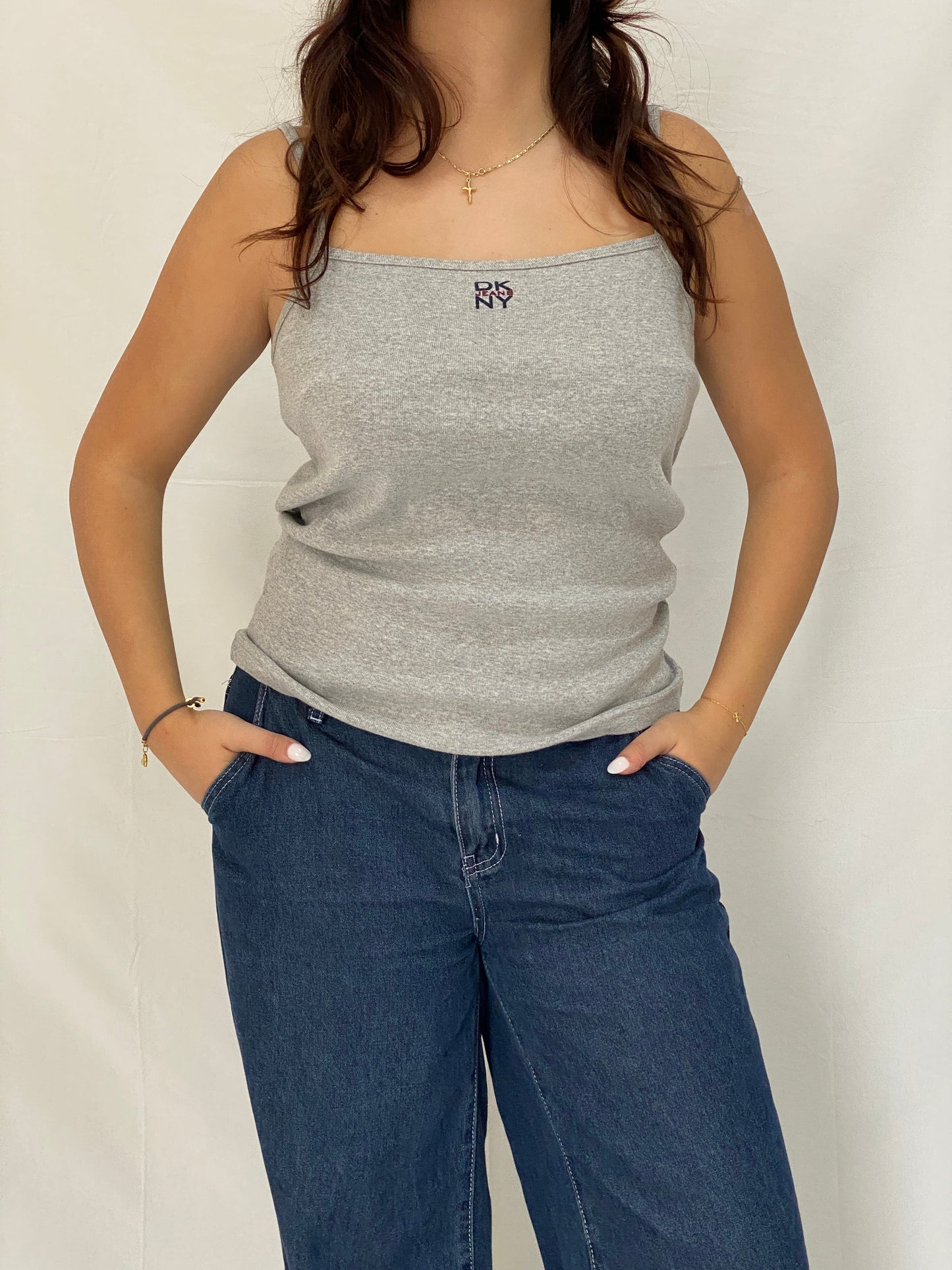 Vintage Y2K DKNY Grey Tank Top Minimalist Logo Cami, Stretchy Basic - M
