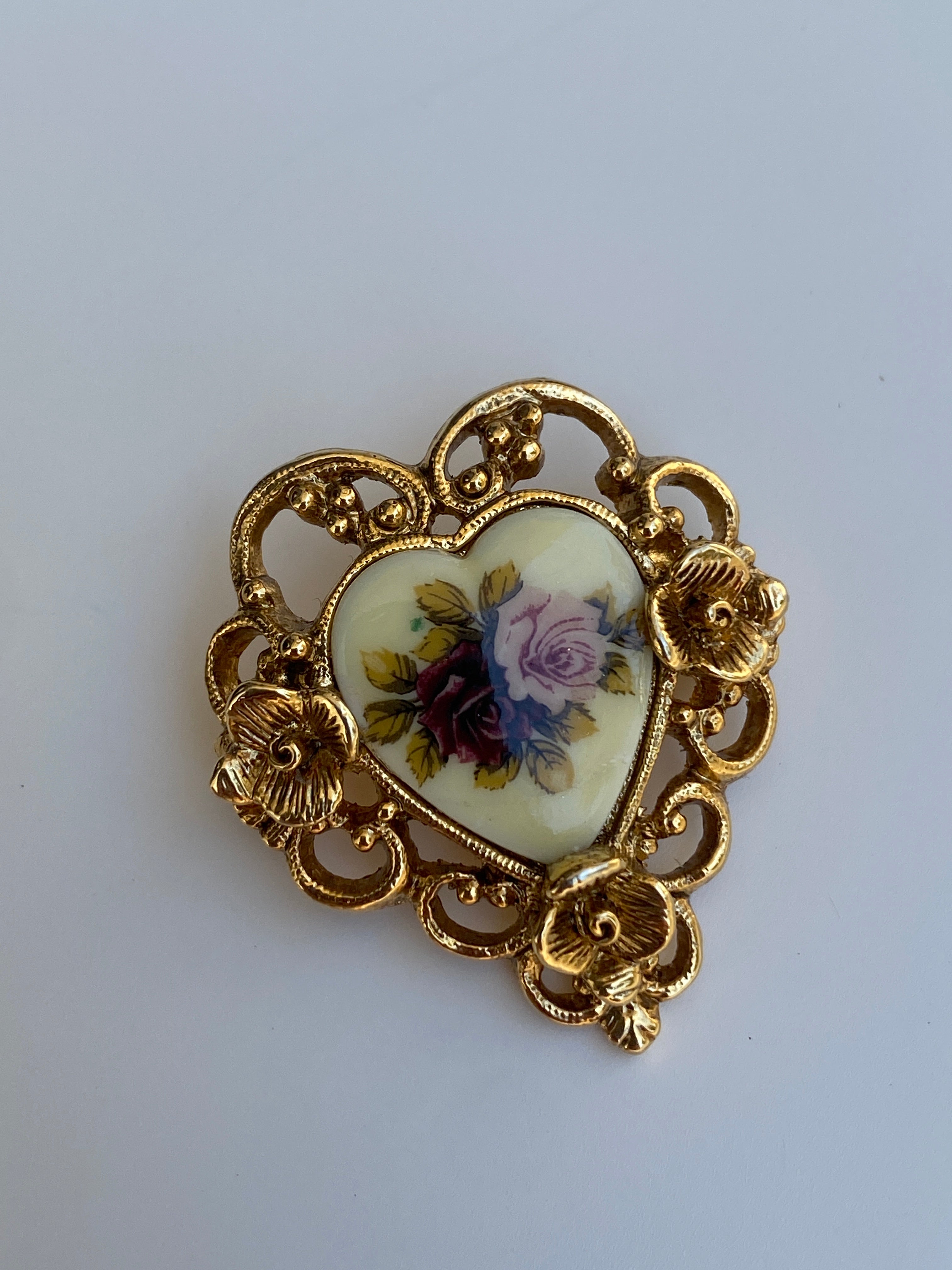 Vintage Gold Tone Filigree Heart Rose Cameo Brooch Romantic Floral Porcelain Style Pin