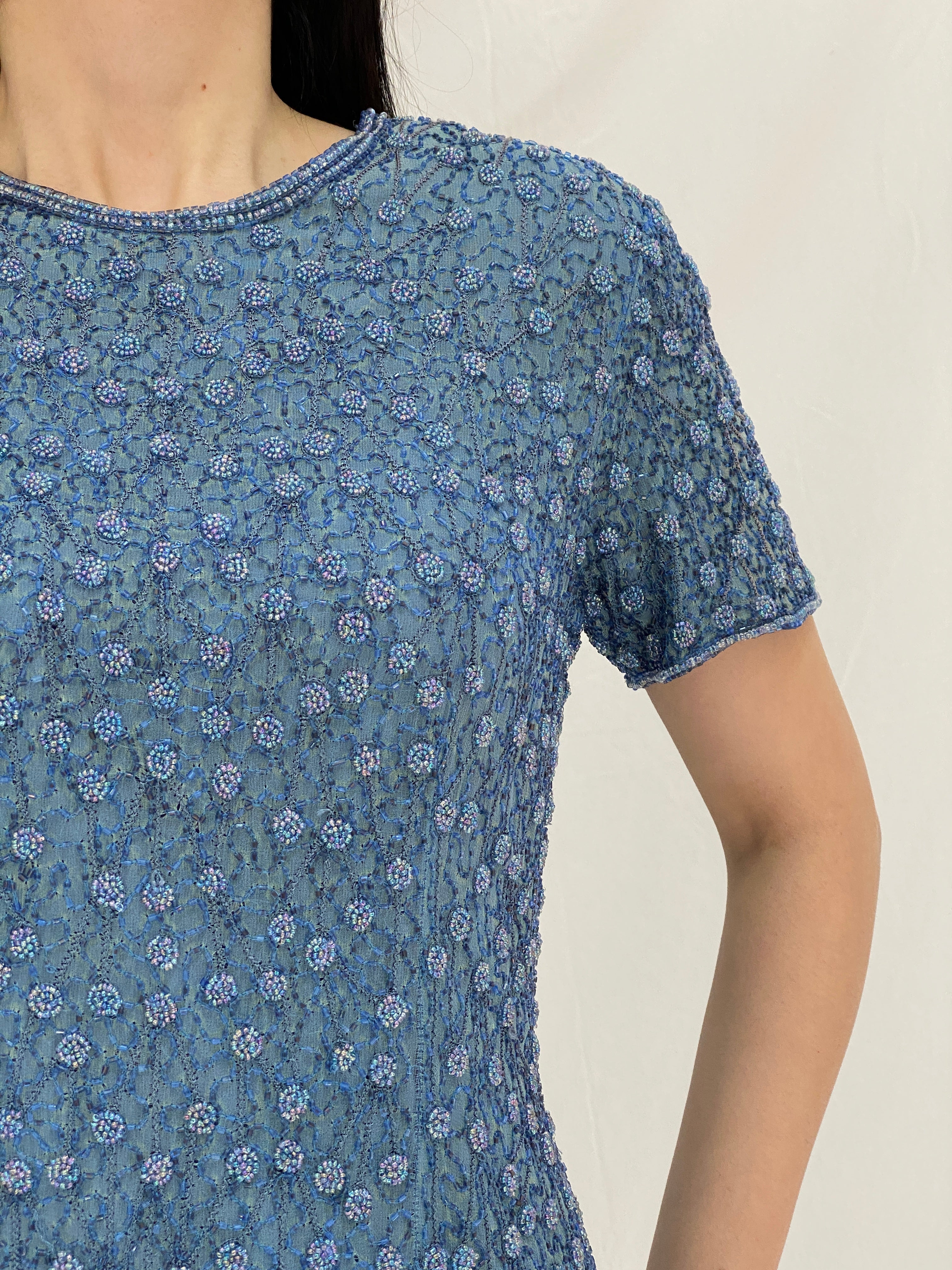 Vintage 90s Adrianna Papell Blue Silk Beaded Evening Top - M