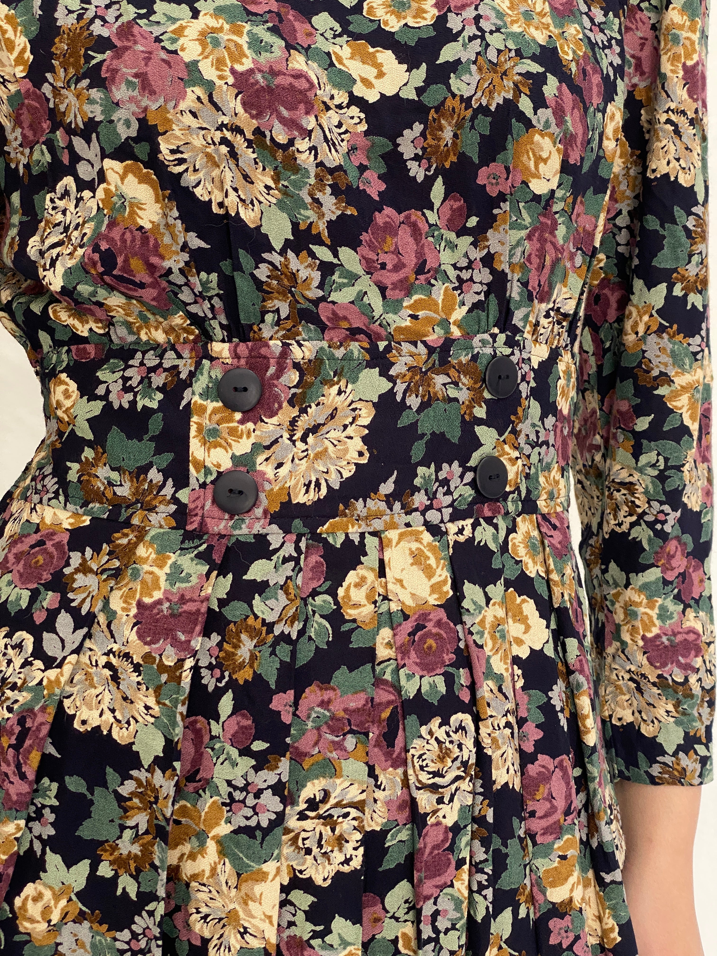 Vintage Petite Sophisticate Floral Dress Long Sleeve Fit & Flare Mini Dress, 90s Romantic Floral Dress - S