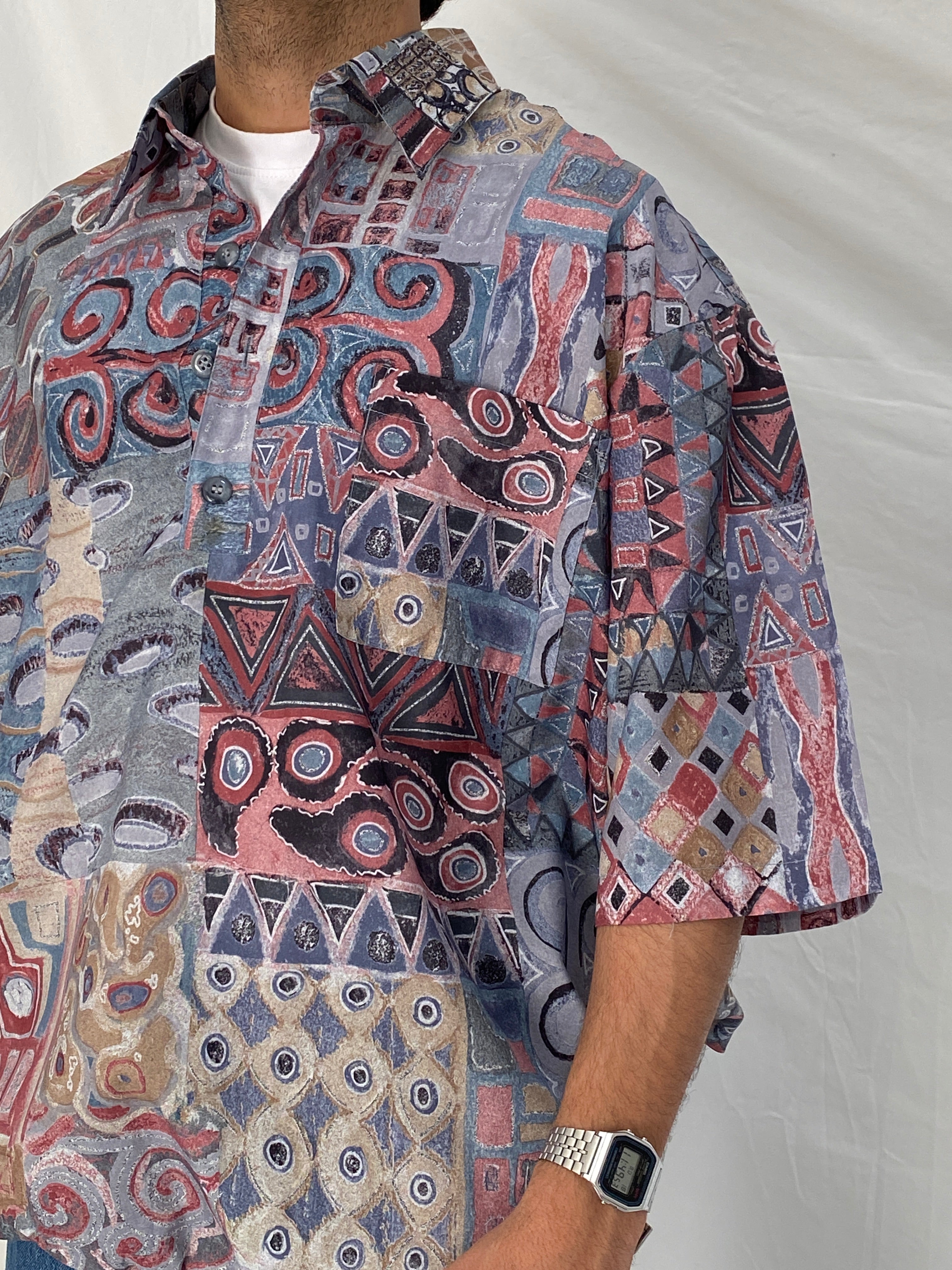 Vintage Fulton Street Shirtworks Abstract Print Elastic Hem Shirt – 2XL