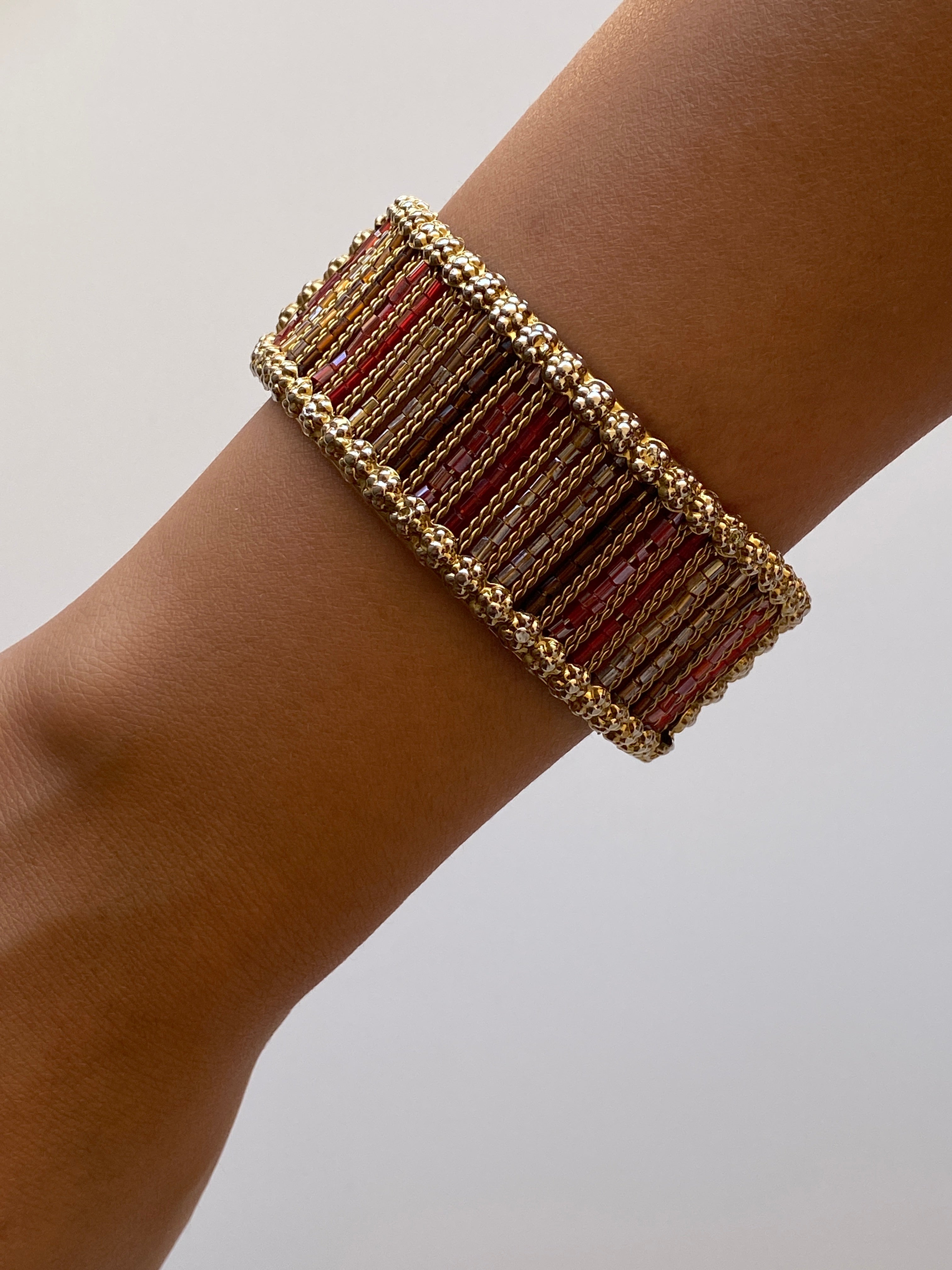 Vintage Gold-Tone Red & Amber Beaded Hinged Cuff Bracelet