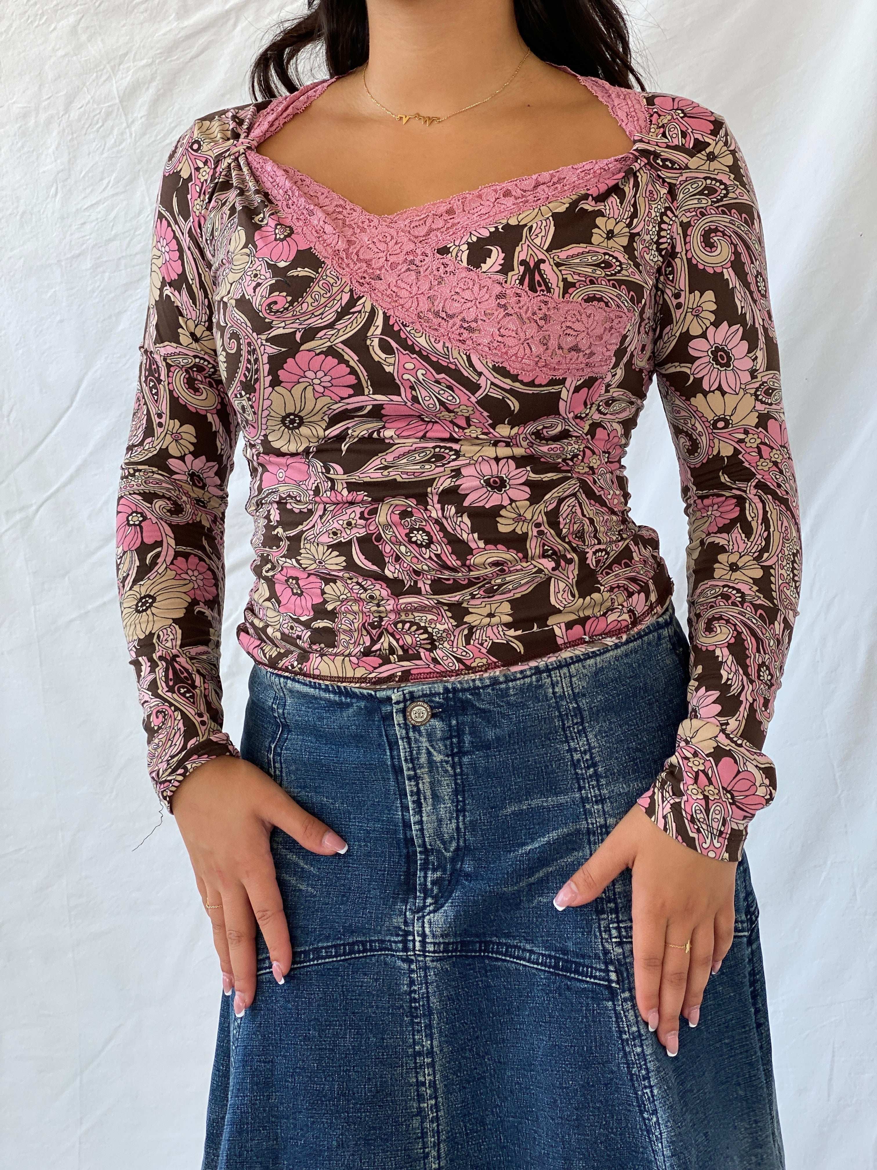 Vintage KIKI RIKI Brown and Pink Long Sleeve Floral Top - M