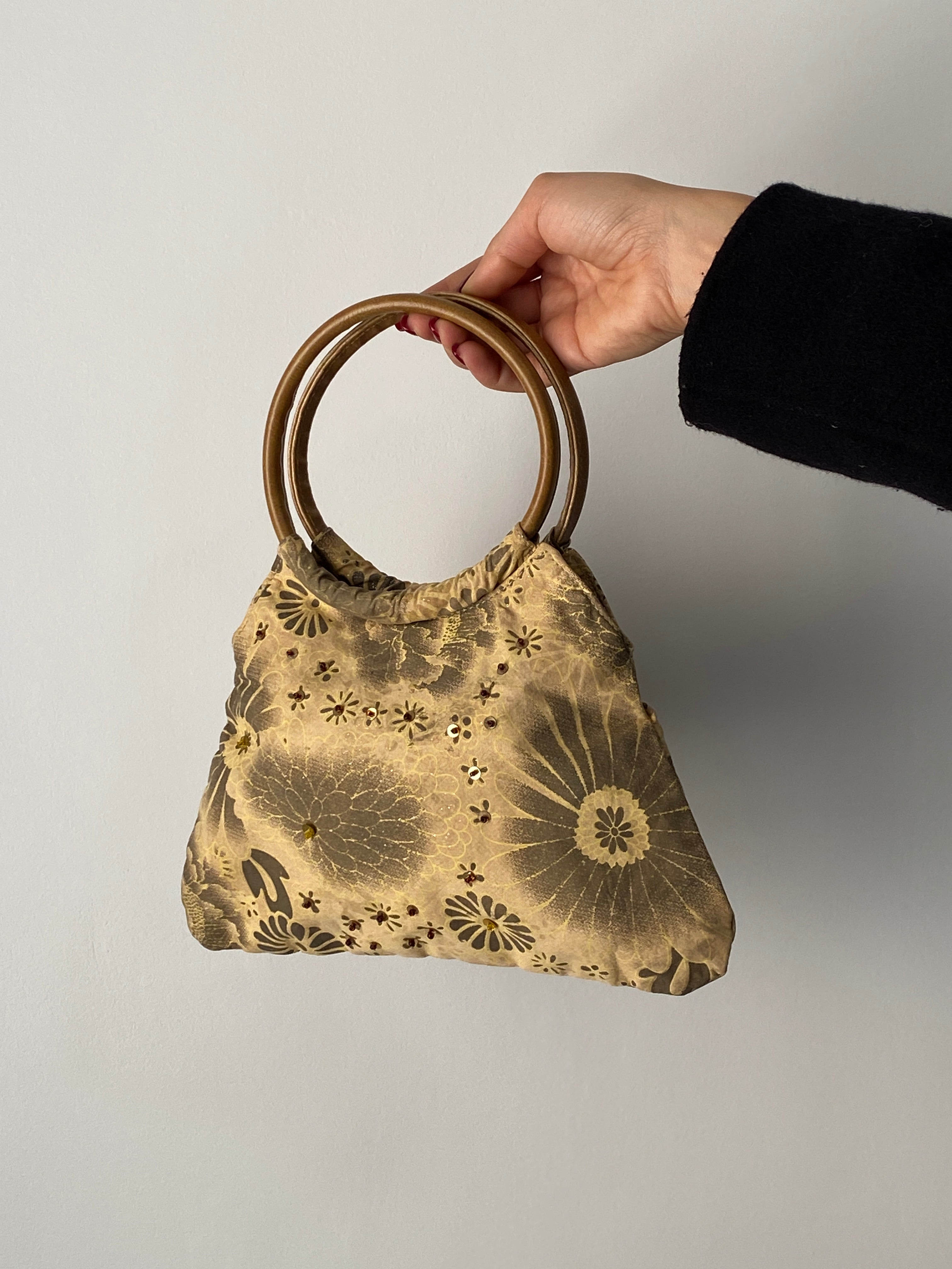Vintage Y2K Mini Floral Embellished Handbag with Wooden Handles