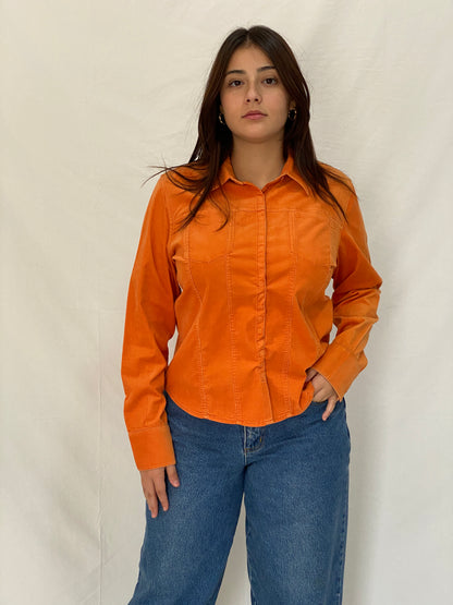 Y2K Liz Claiborne Orange Corduroy Lightweight Full Sleeve Shirt - M
