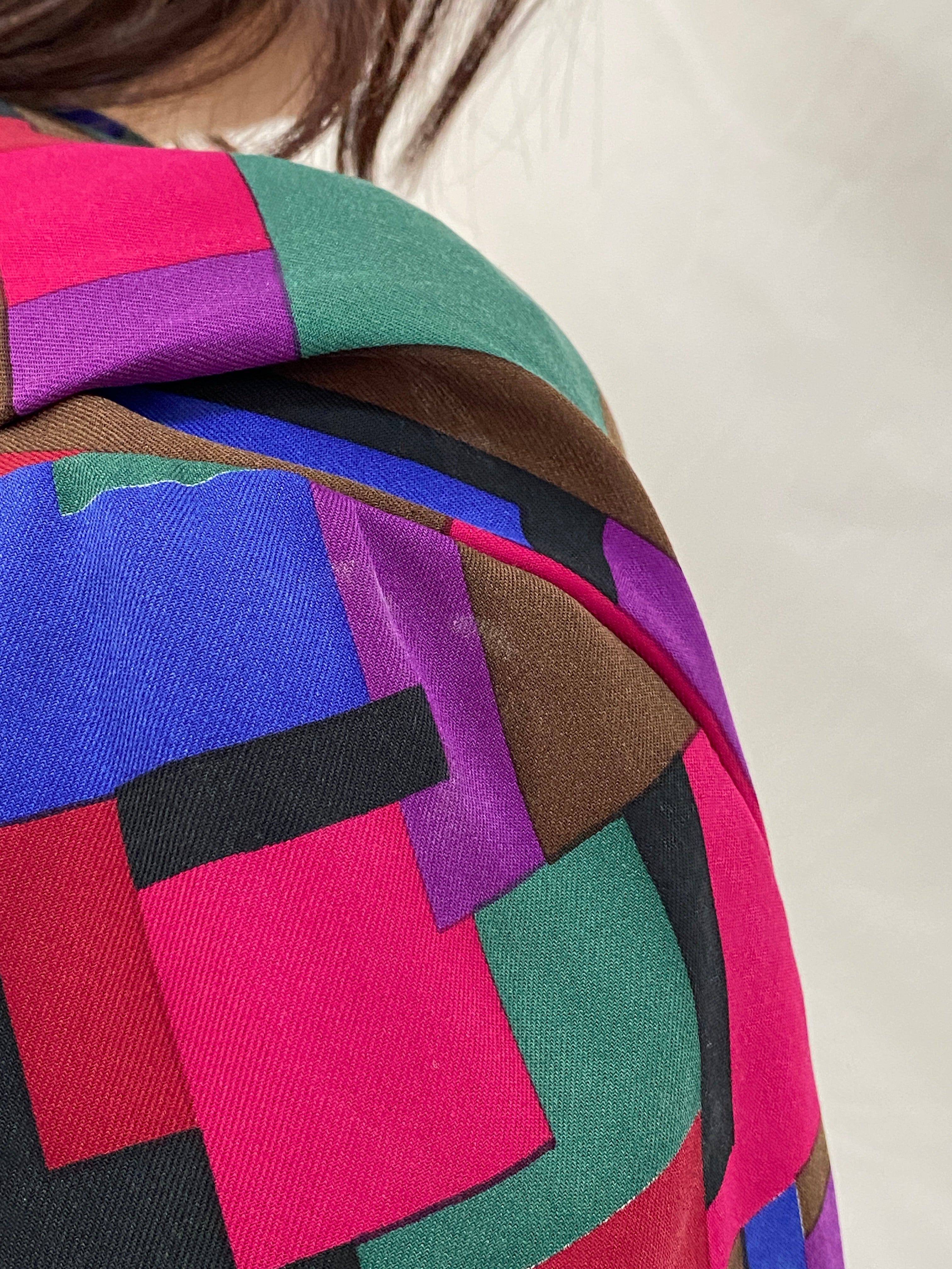 Vintage Handmade 80s Multicolor Abstract Geometric Print Long Sleeve Button-Up Shirt – XL