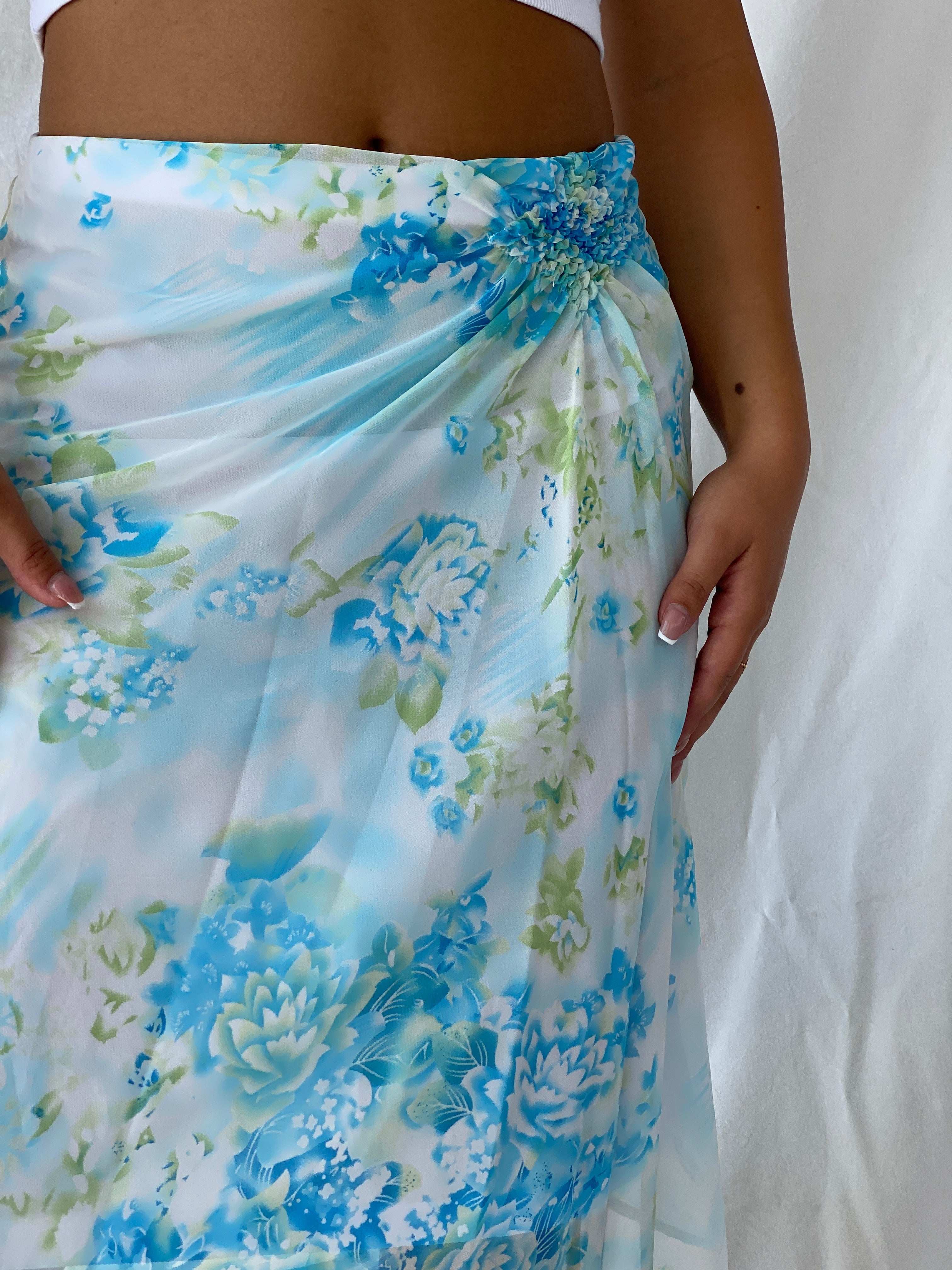 Vintage 90s This Aqua Blue Floral Sheer Chiffon Midi Skirt - M