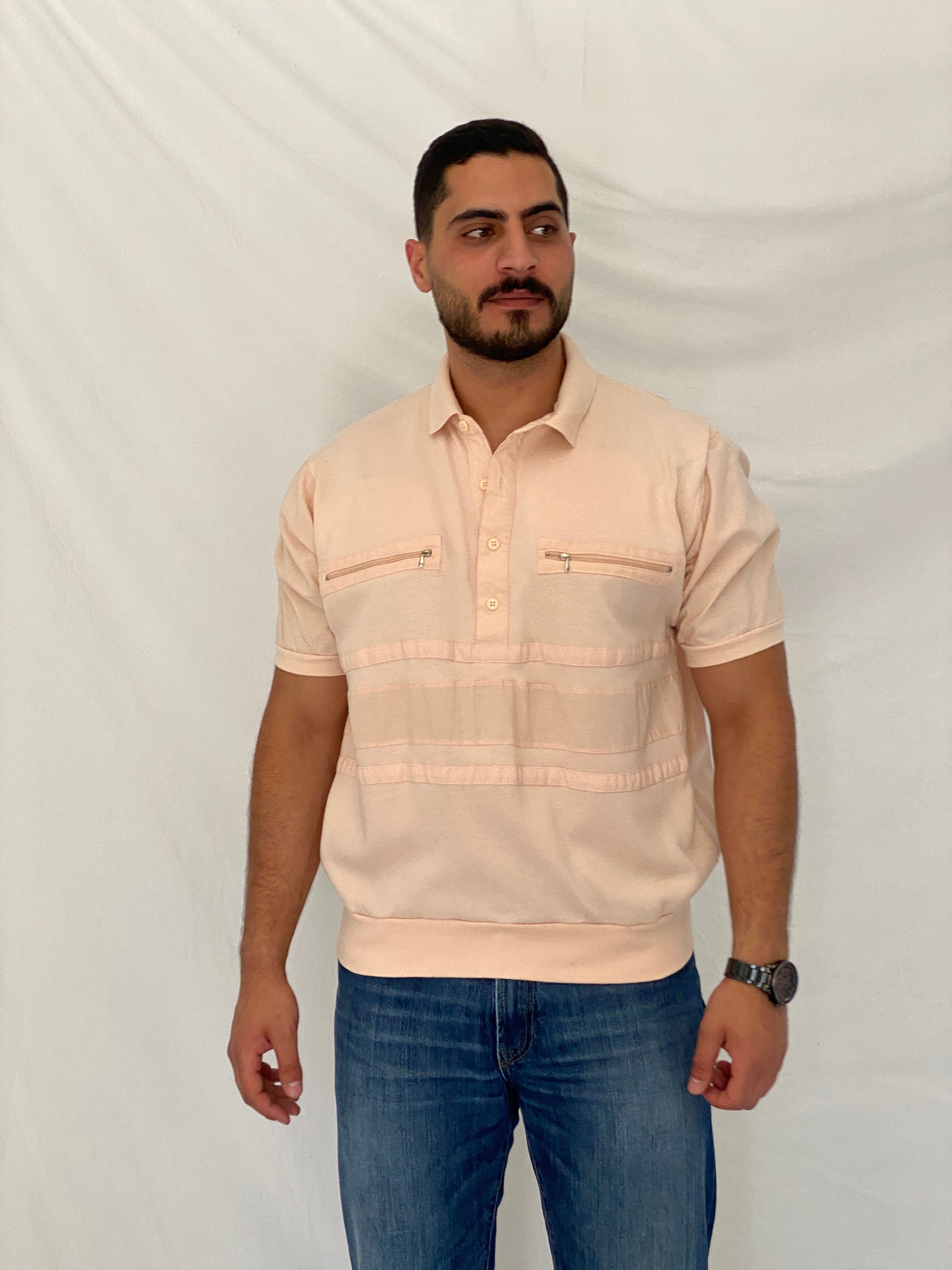 Vintage Dino di Milano Peach Knit Polo Pullover Zip Pocket Shirt – 2XL
