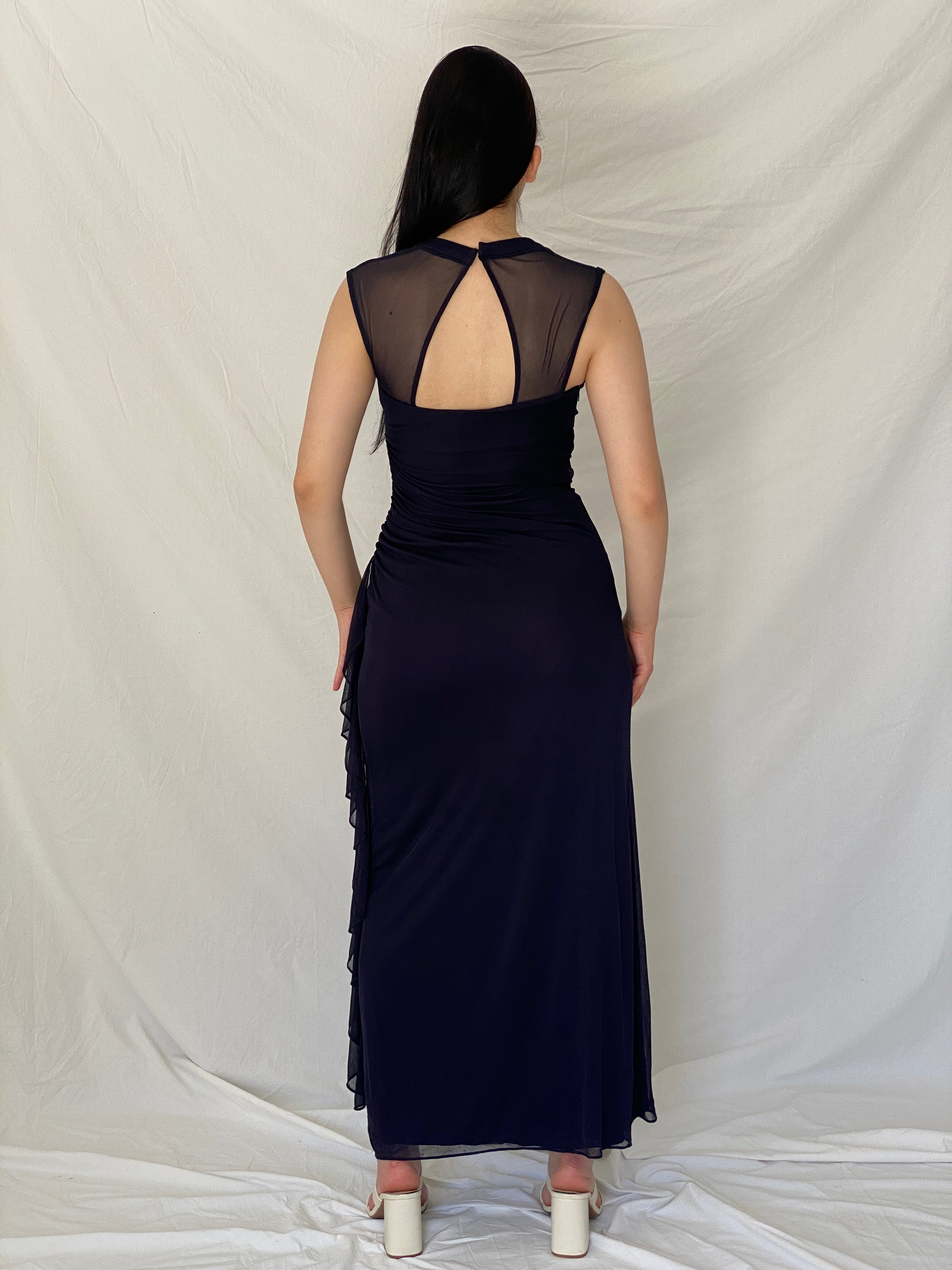 Vintage Y2K Blondie Nites by Stacy Sklar Navy Rhinestone Mesh Evening Gown - M