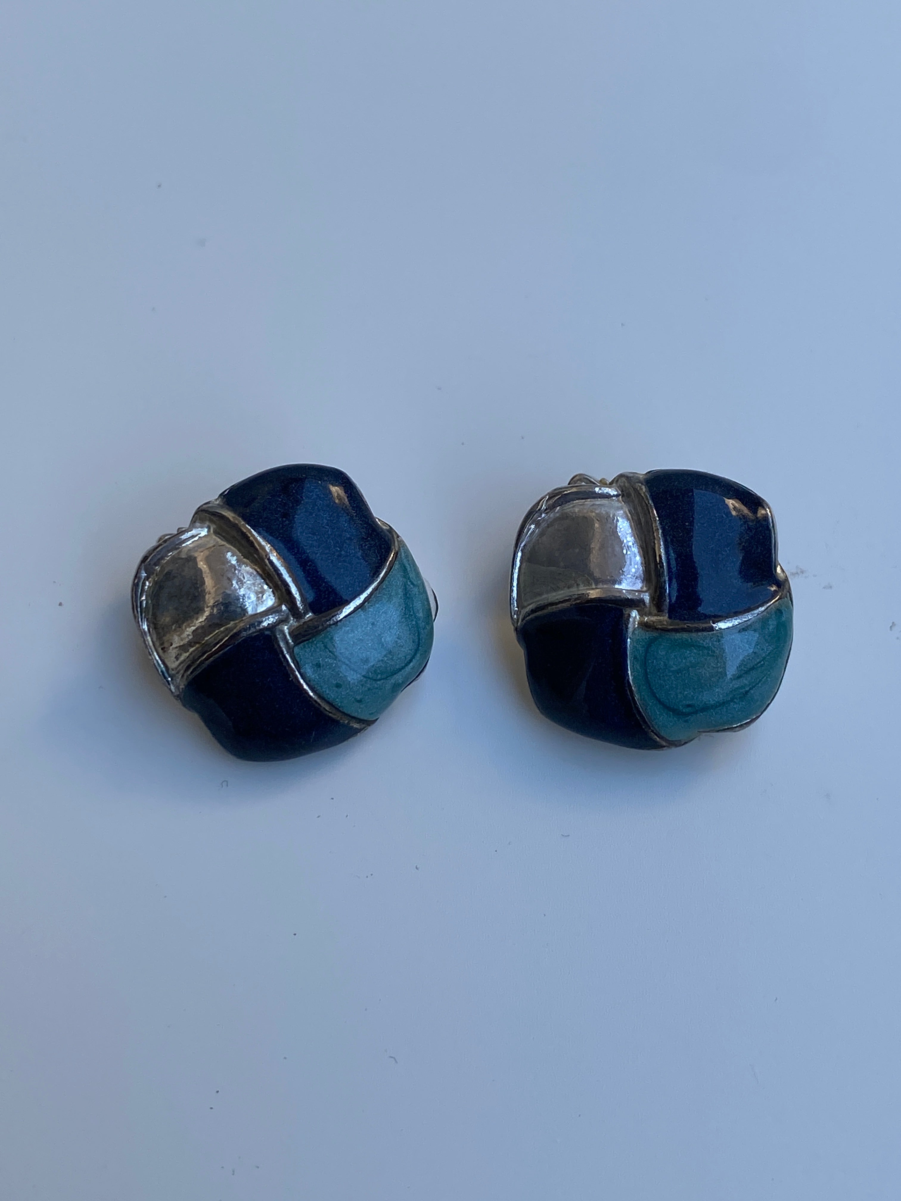 Vintage Geometric Enamel Clip-On Navy Blue, Teal & Silver Earrings