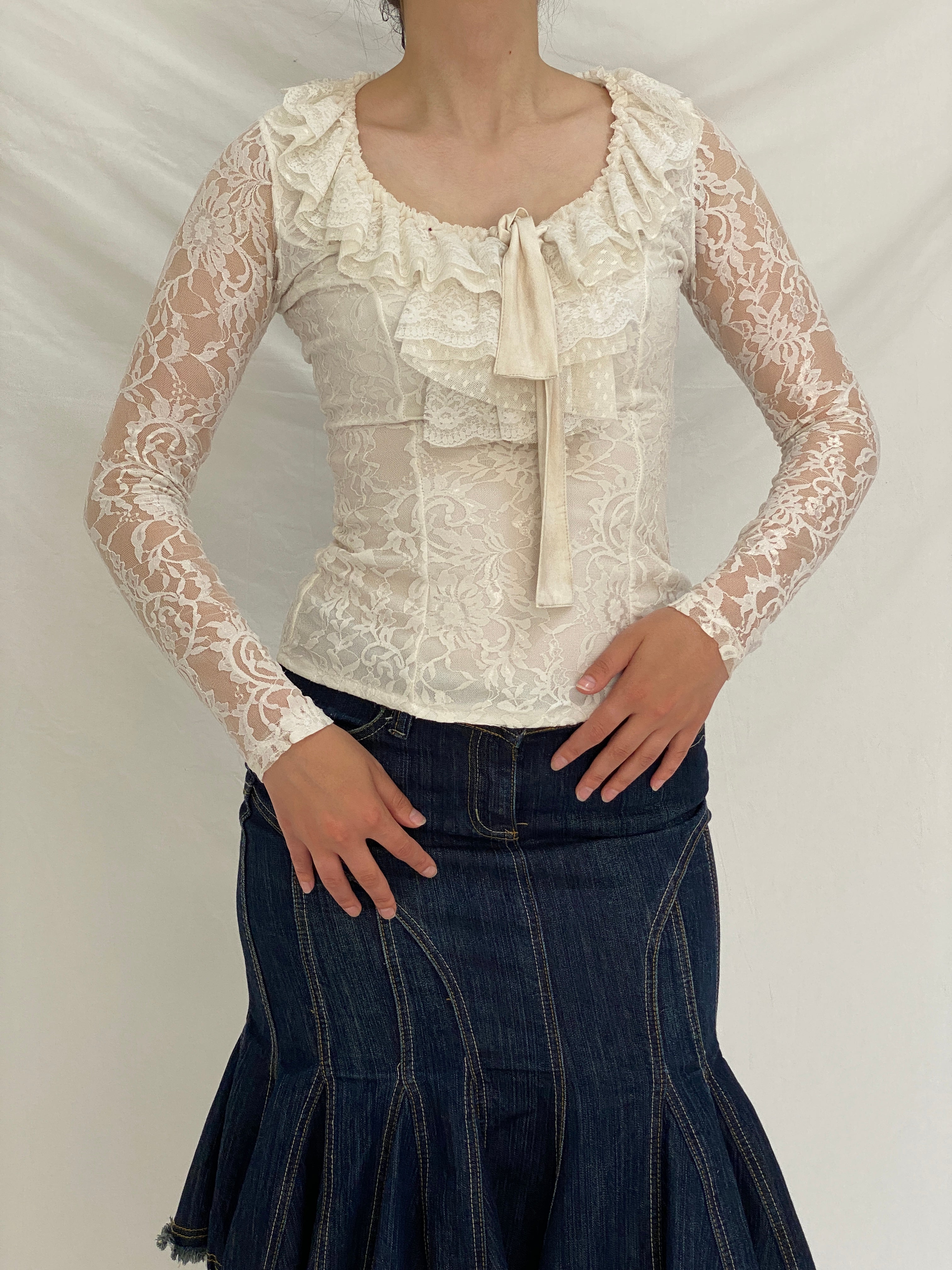 Vintage Favori Ivory Lace Ruffle Top Sheer Romantic Coquette Y2K Blouse - S