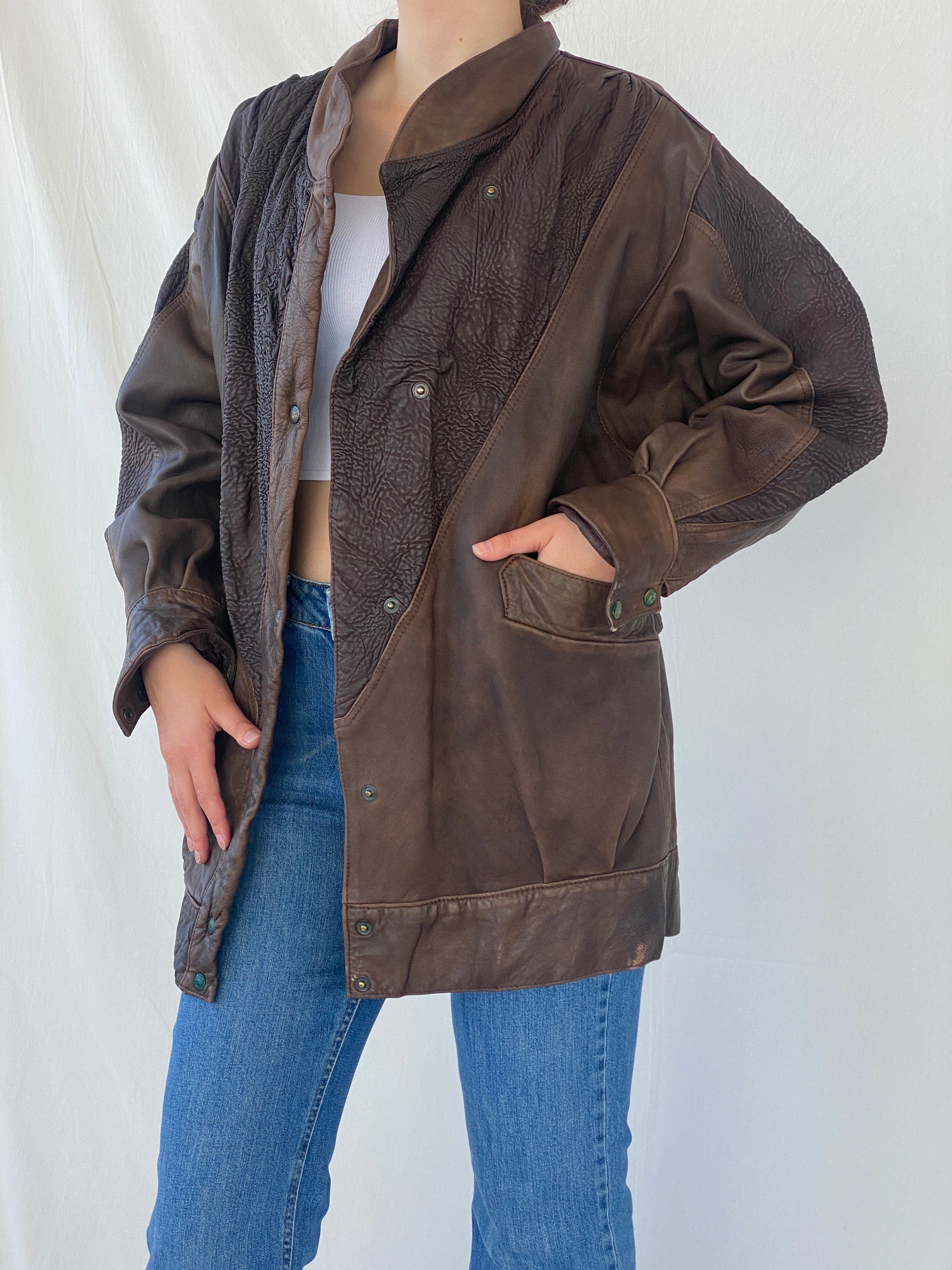 Vintage Brown Genuine Leather Cow Girl Coat with Ruched Details - M