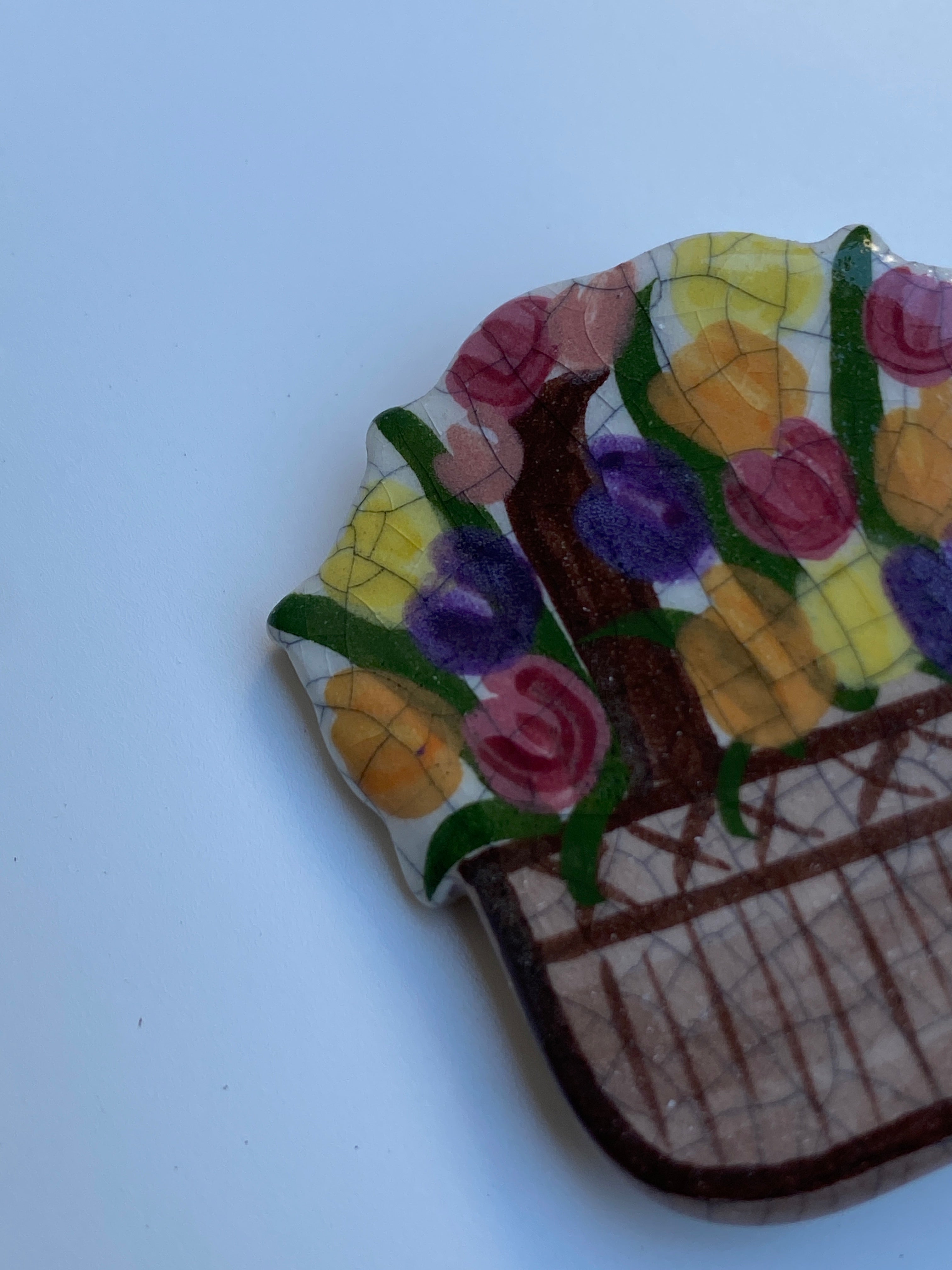 Vintage Hand-Painted Floral Basket Ceramic Brooch Multicolor Art Pottery Pin