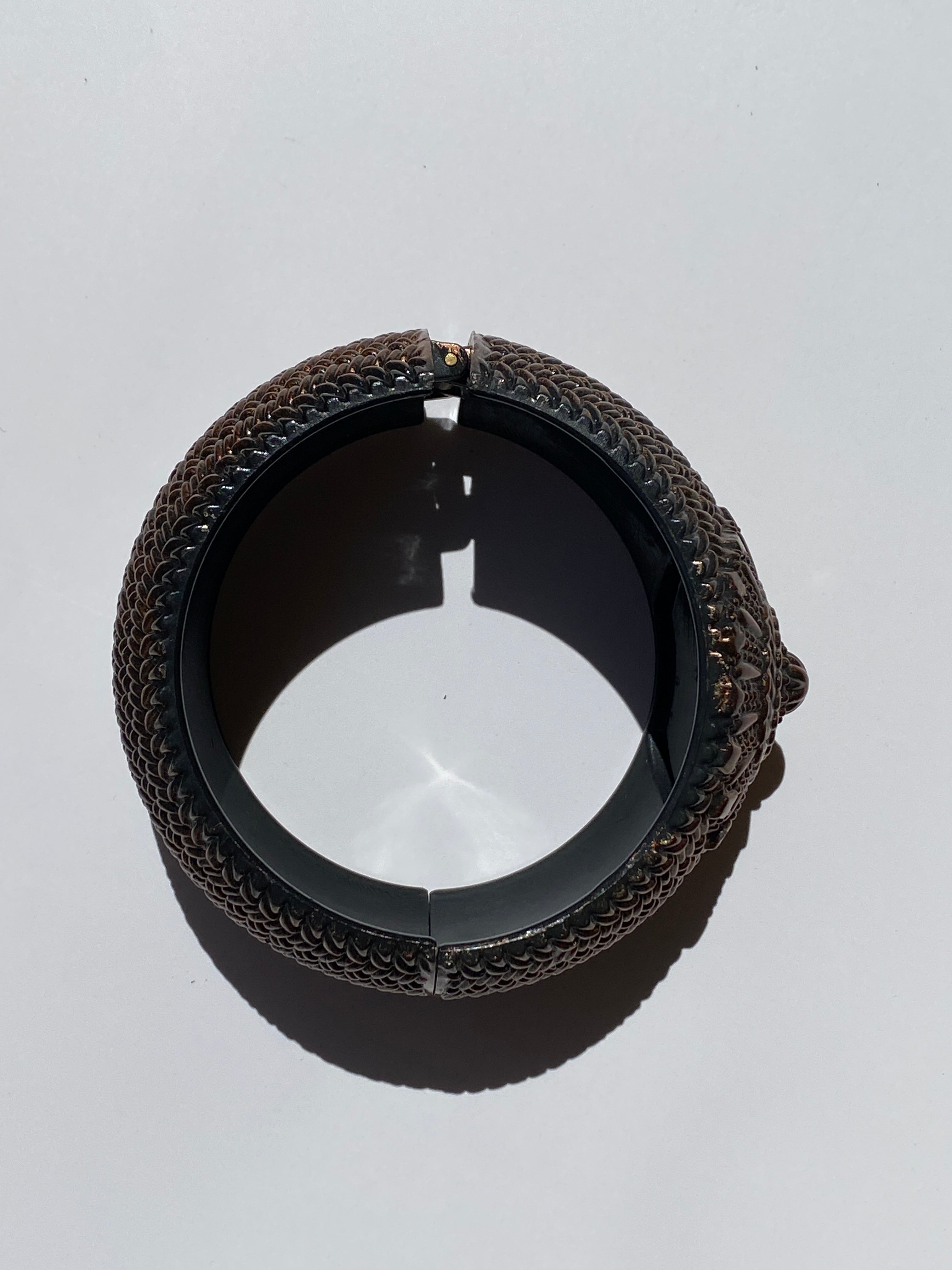 Vintage Copper Tone Embossed Lightweight Hinged Statement Cuff Bracelet