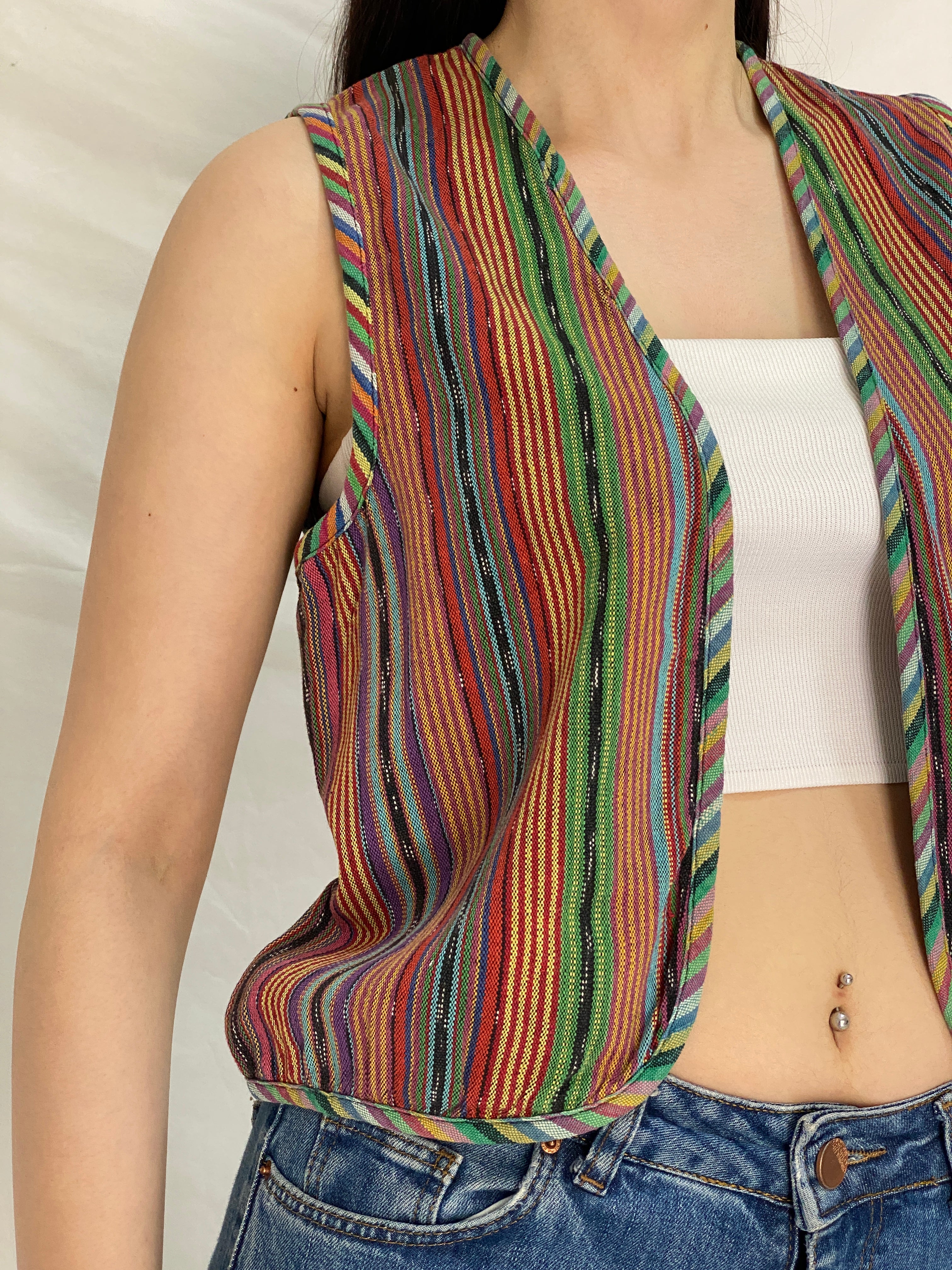 Vintage Esprit Cotton Striped Vest Rainbow Hippie Festival Open Front Waistcoat – M