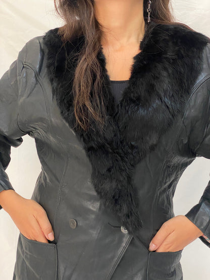 Vintage Patricia Italian Leather Coat Black Fur Collar 80s Oversized Blazer Jacket - M