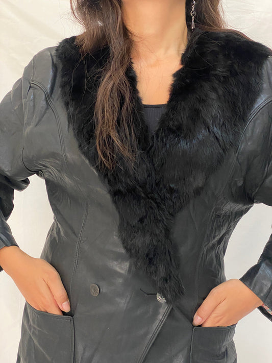 Vintage Patricia Italian Leather Coat Black Fur Collar 80s Oversized Blazer Jacket - M