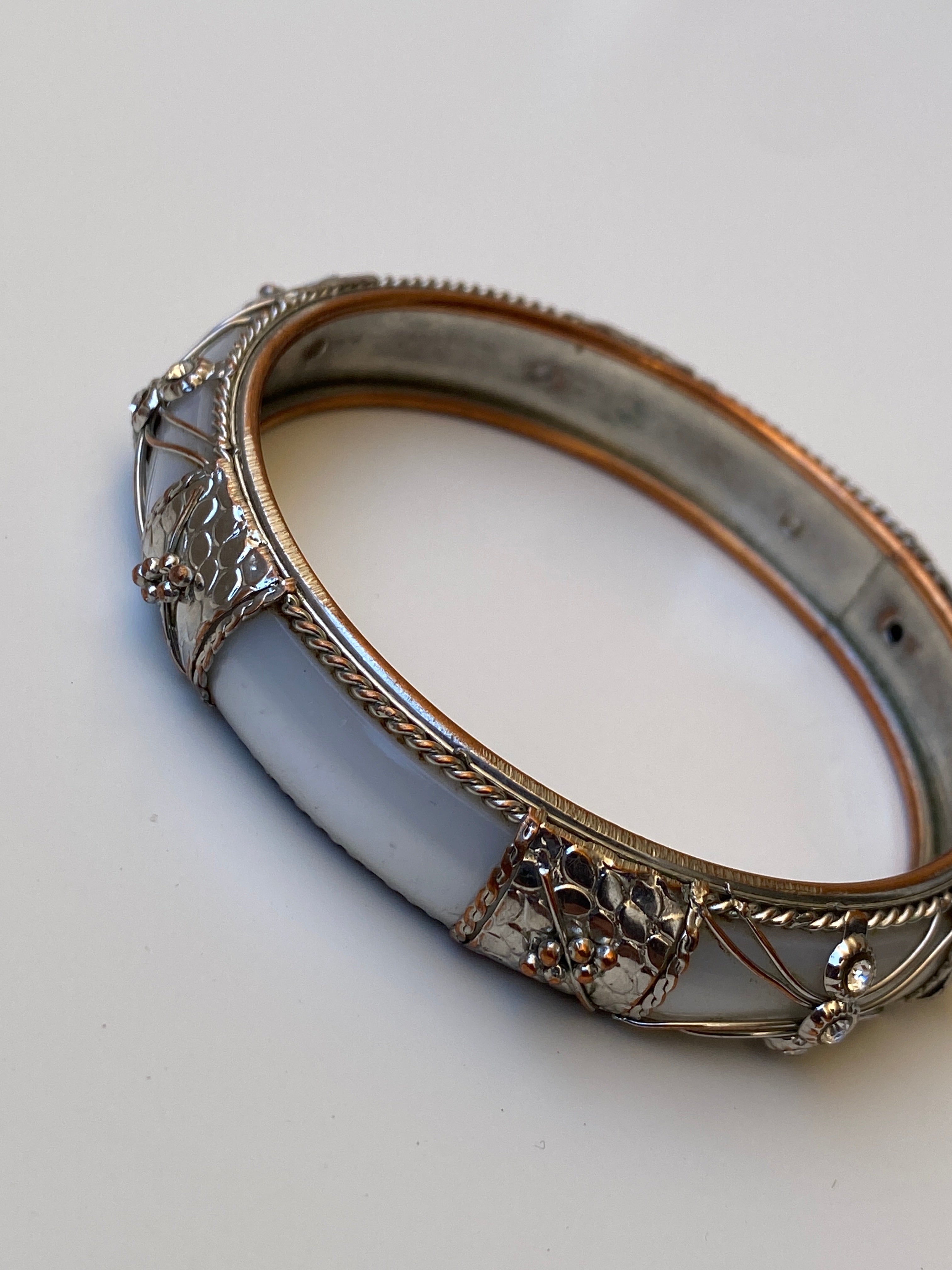 Vintage White Enamel & Silver-Tone Ornate Bangle Bracelet Rhinestone Detail