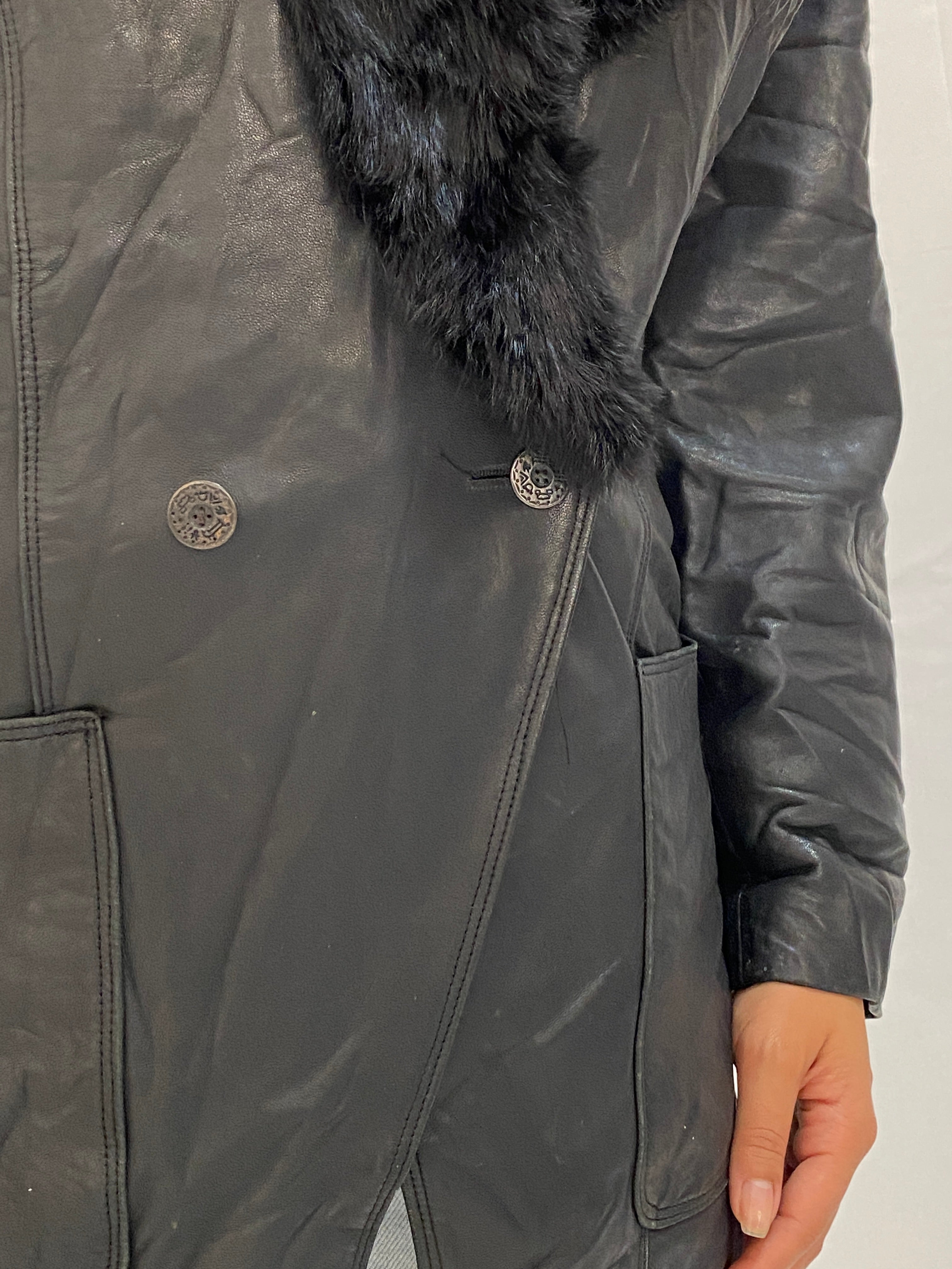 Vintage Patricia Italian Leather Coat Black Fur Collar 80s Oversized Blazer Jacket - M