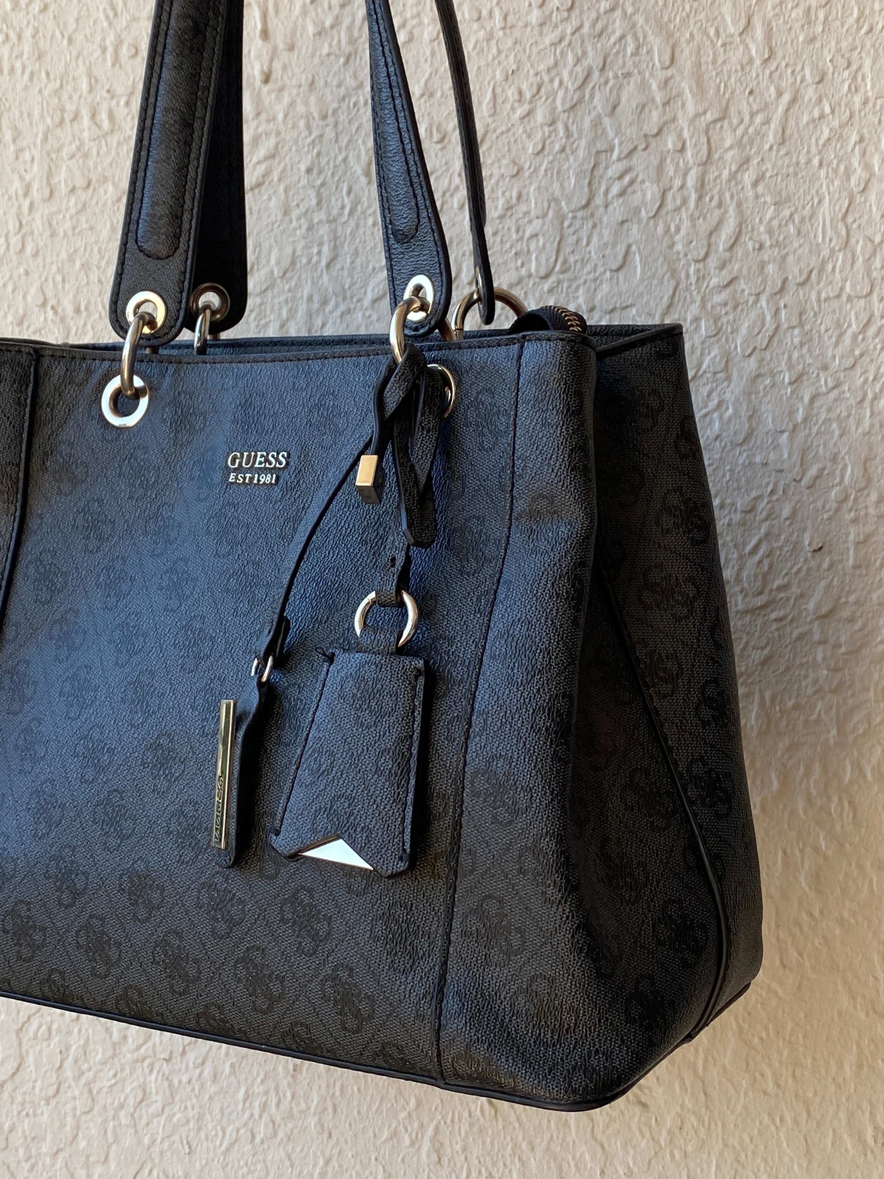 Vintage Y2K GUESS Black Monogram Logo Structured Tote Shoulder Bag