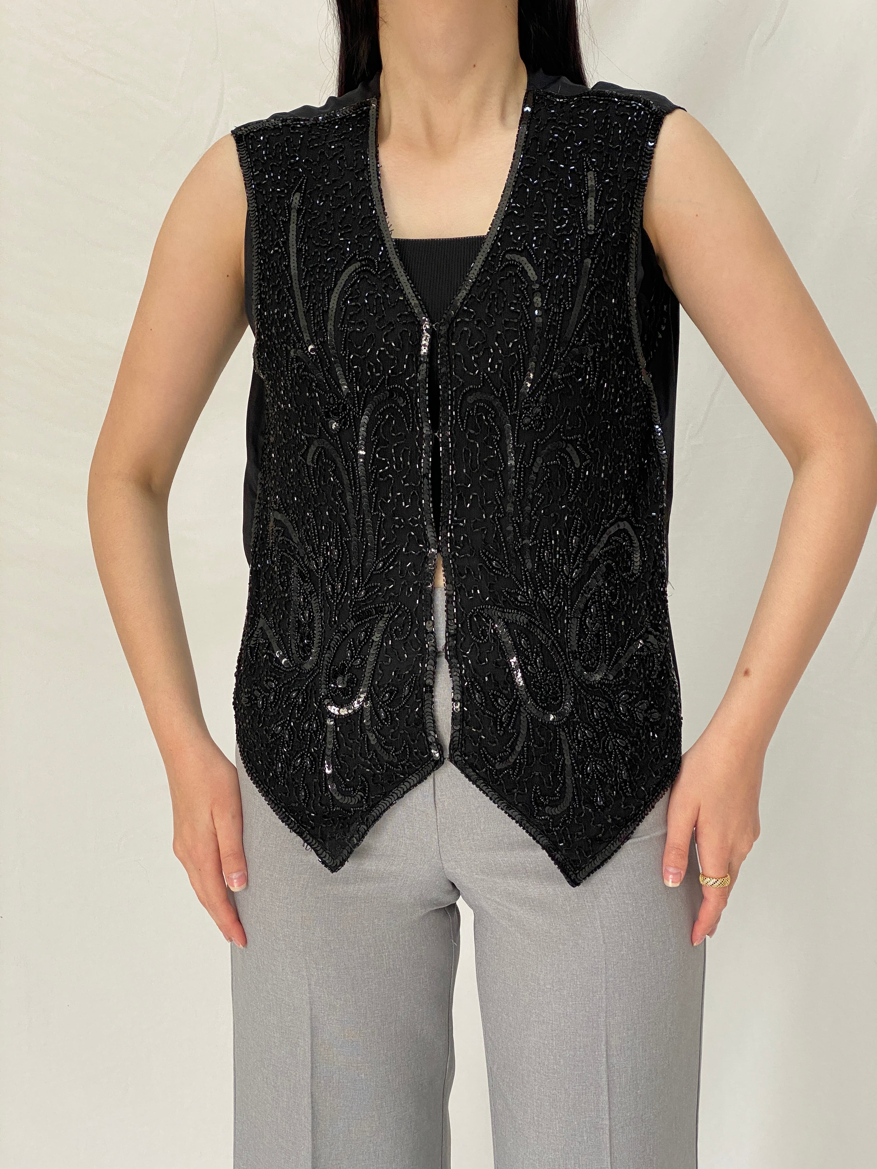 Vintage 90s Diamond Collection Black Beaded & Sequined Evening Silk Vest Art Deco Glam - L