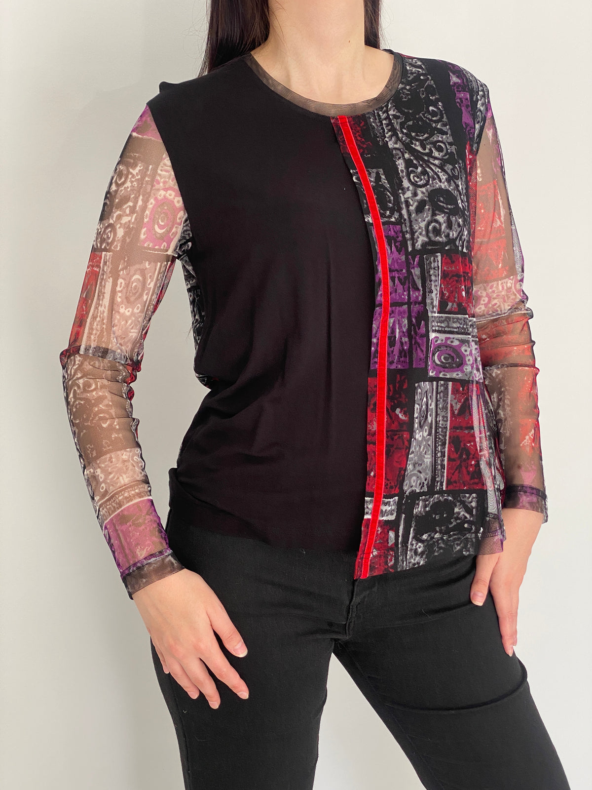 Vintage EQUUS Black Abstract Print Mesh Sleeve Grunge Top – L