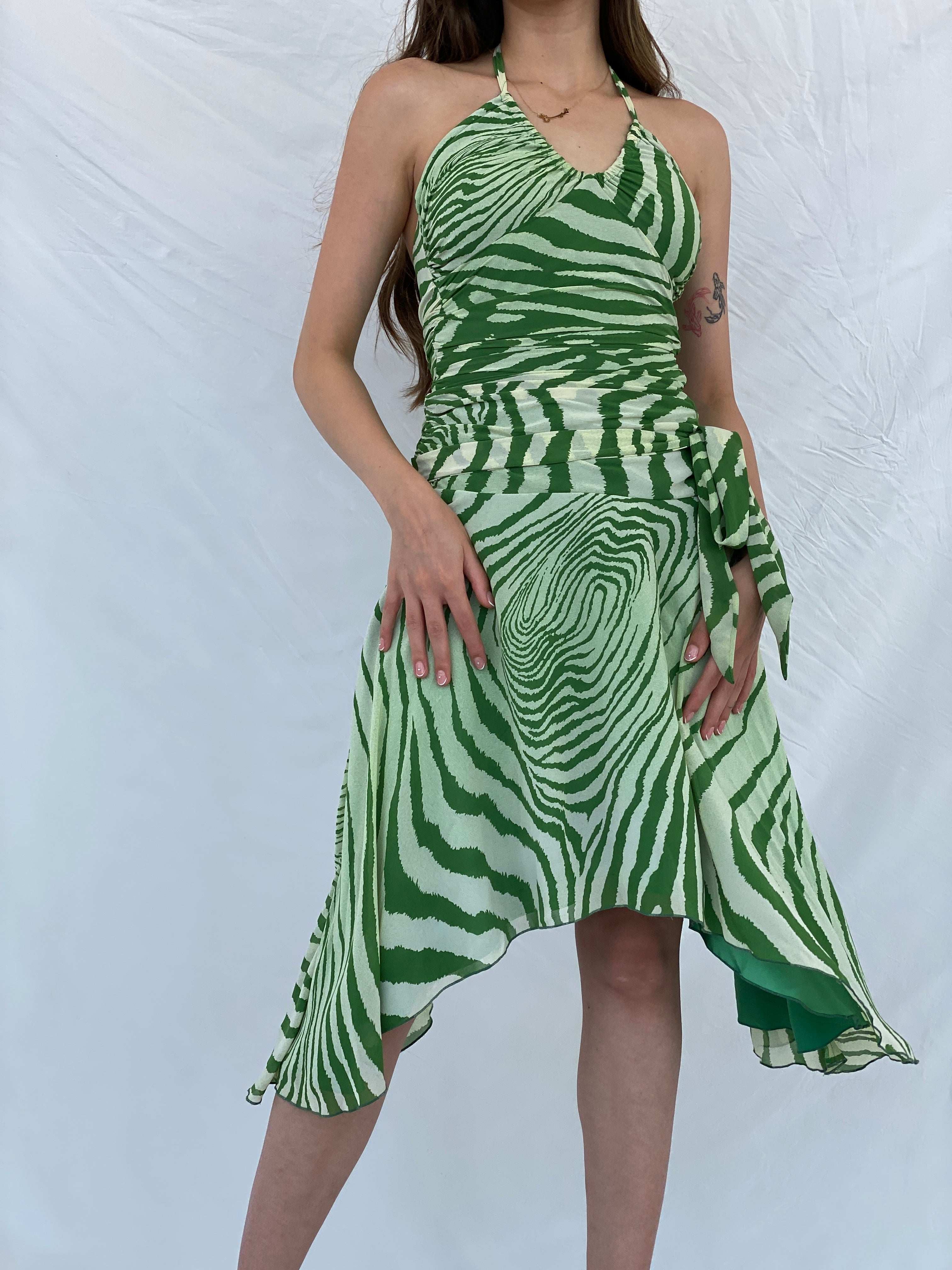 Pilgrim Green Asymmetric Zebra Print Ruched Waist Halter Dress - S - Balagan Vintage Midi Dress 00s, 90s, animal print, midi dress, Mira, NEW IN, silk, Wedding Guest, zebra, zebra print