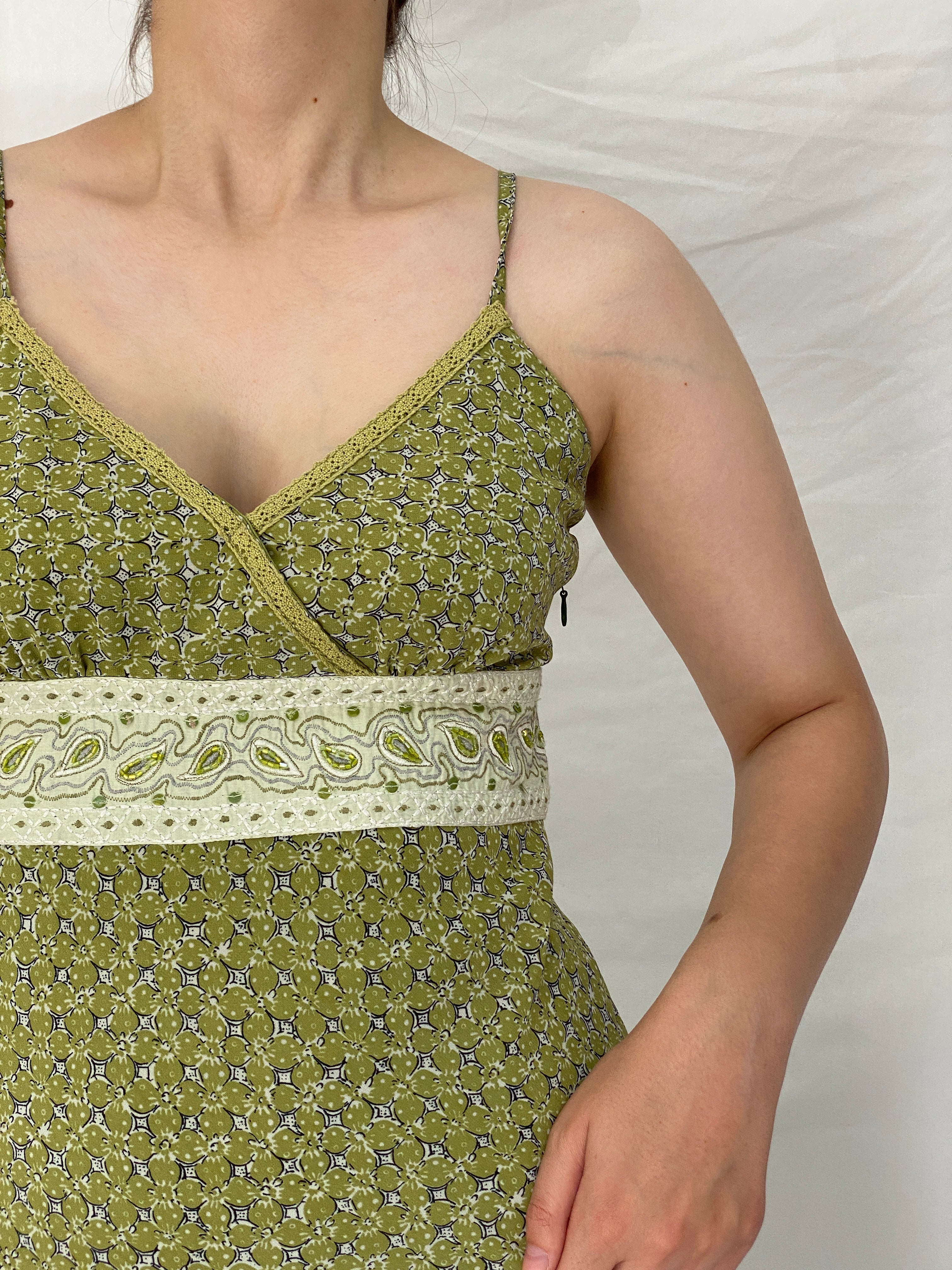 Y2K Vero Moda Olive Green Paisley Floral Beaded Midi Dress – M