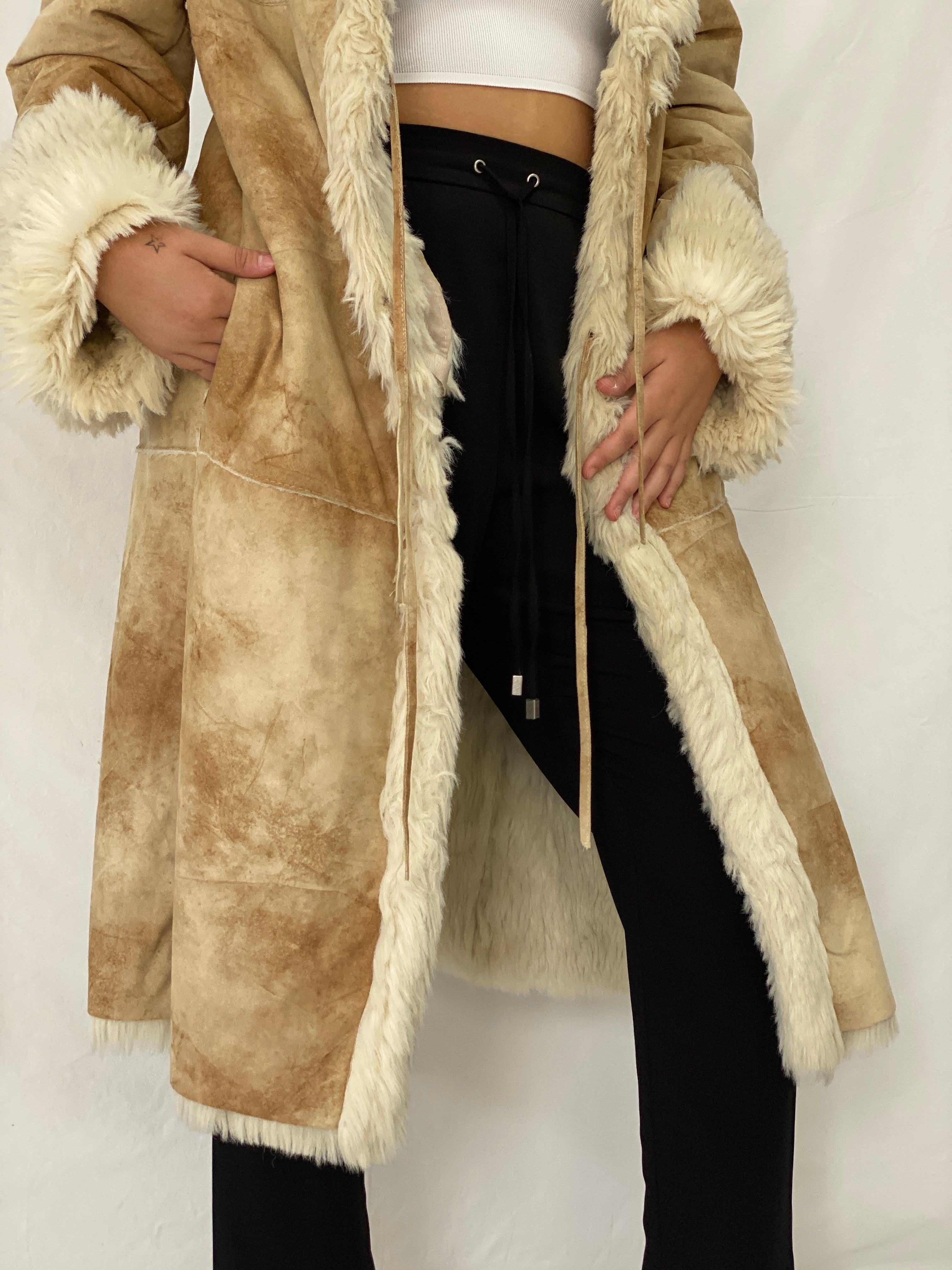 FREEHORN by Conbipel Faux Fur Lined Italian Genuine Leather Penny Lane Coat 70s Boho Jacket - XL