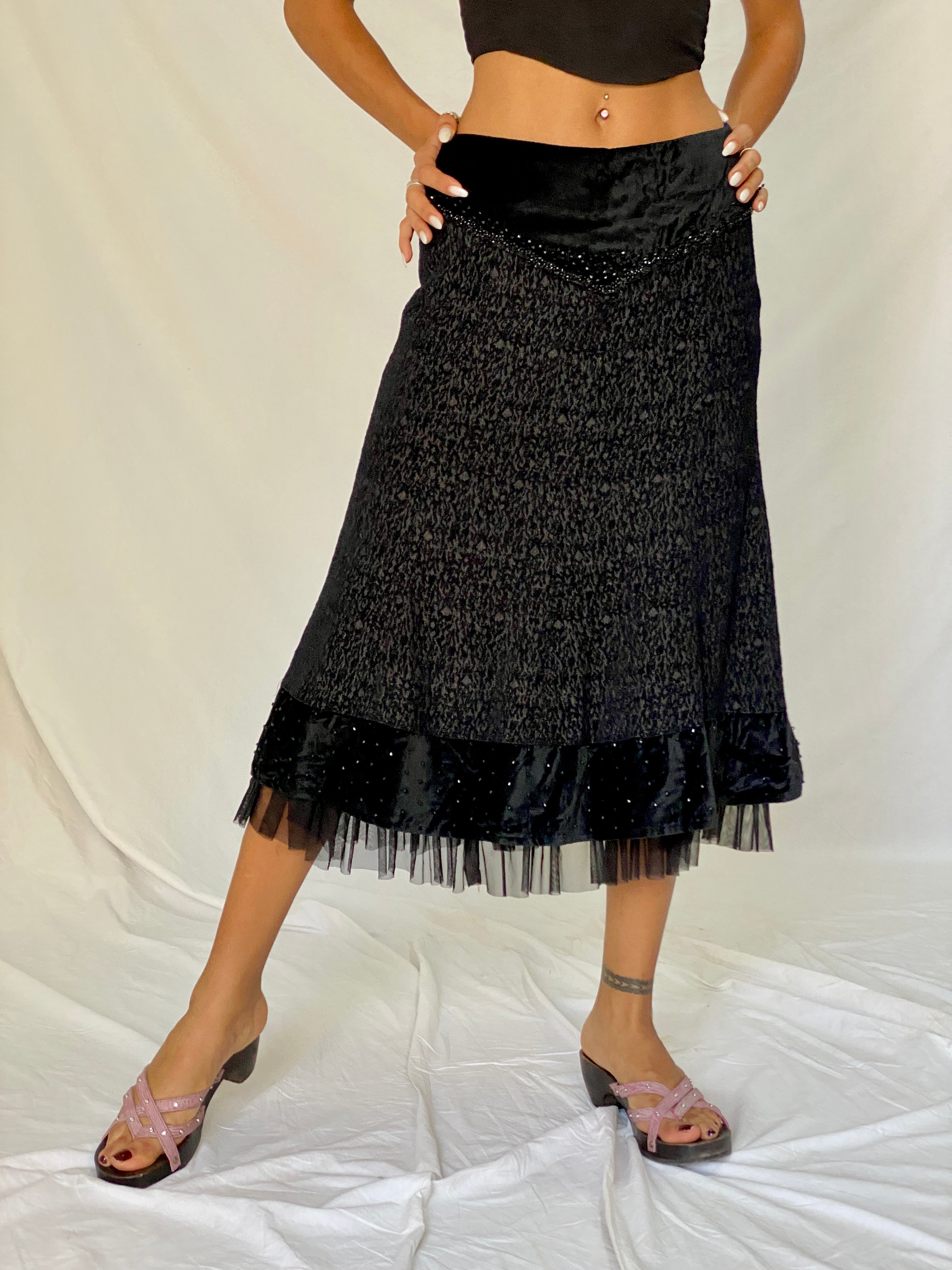 Vintage Whimsigoth Black Velvet Embellished Tulle Grunge Midi Skirt – M