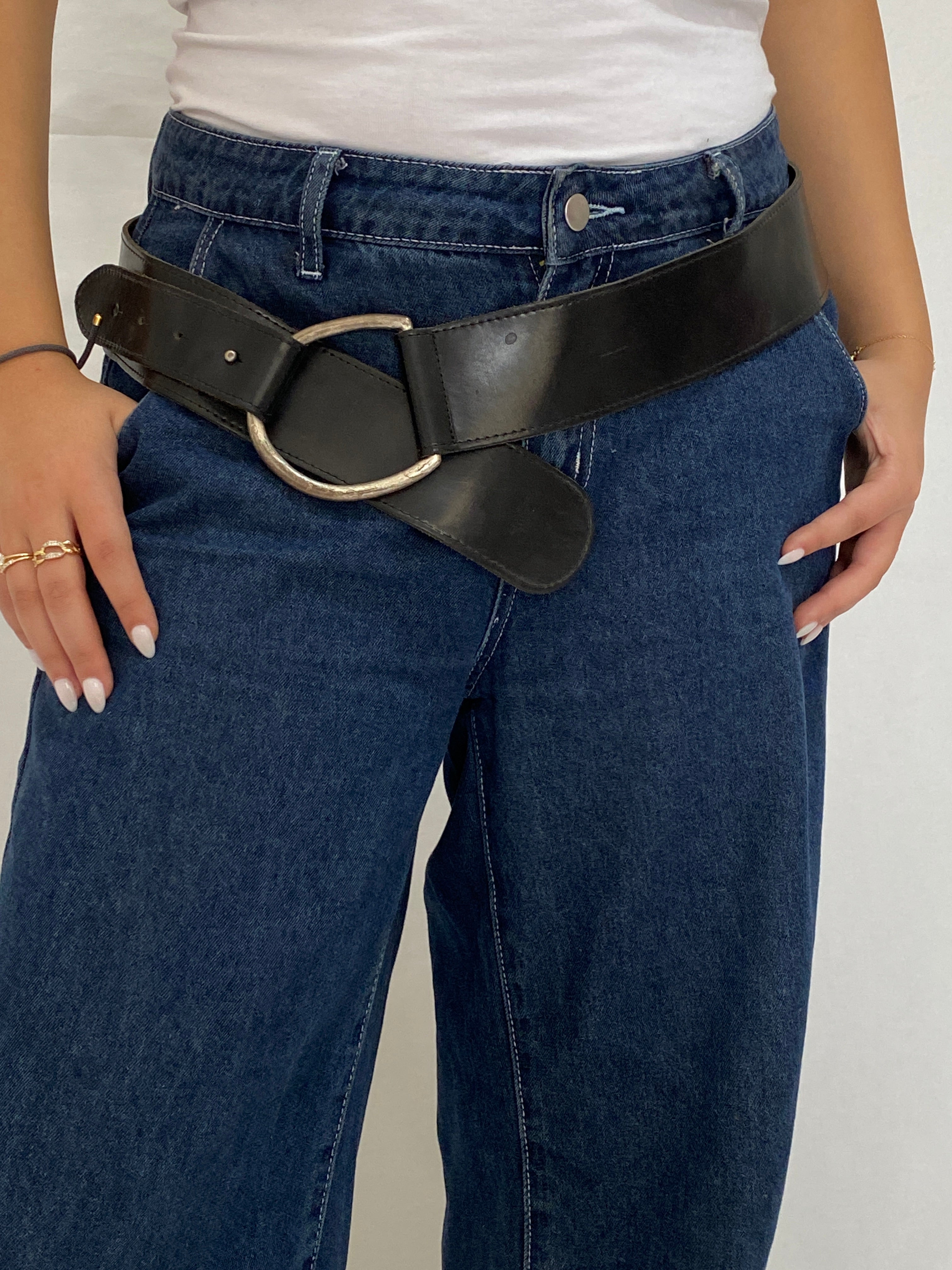 Vintage Black Wide Genuine Leather Belt Oversized Silver Ring Buckle Y2K Belt