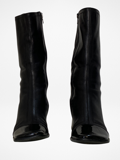 Vintage JOA Italian Black Leather Patent Block Heel & Square Toe Mid-Calf Boots - 36EU