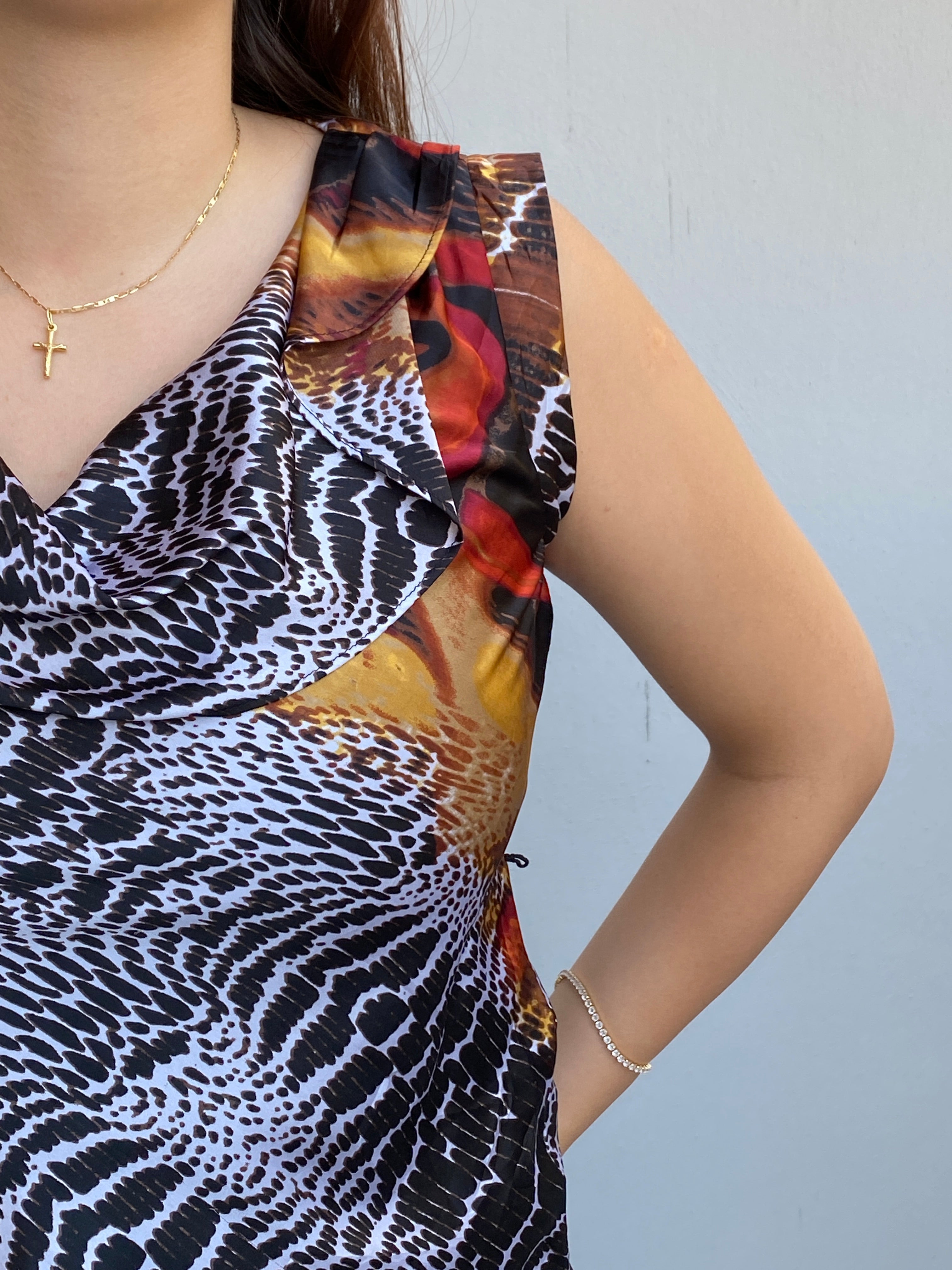 Y2K Worthington Animal Print Cowl Neck Sleeveless Top Brown – S