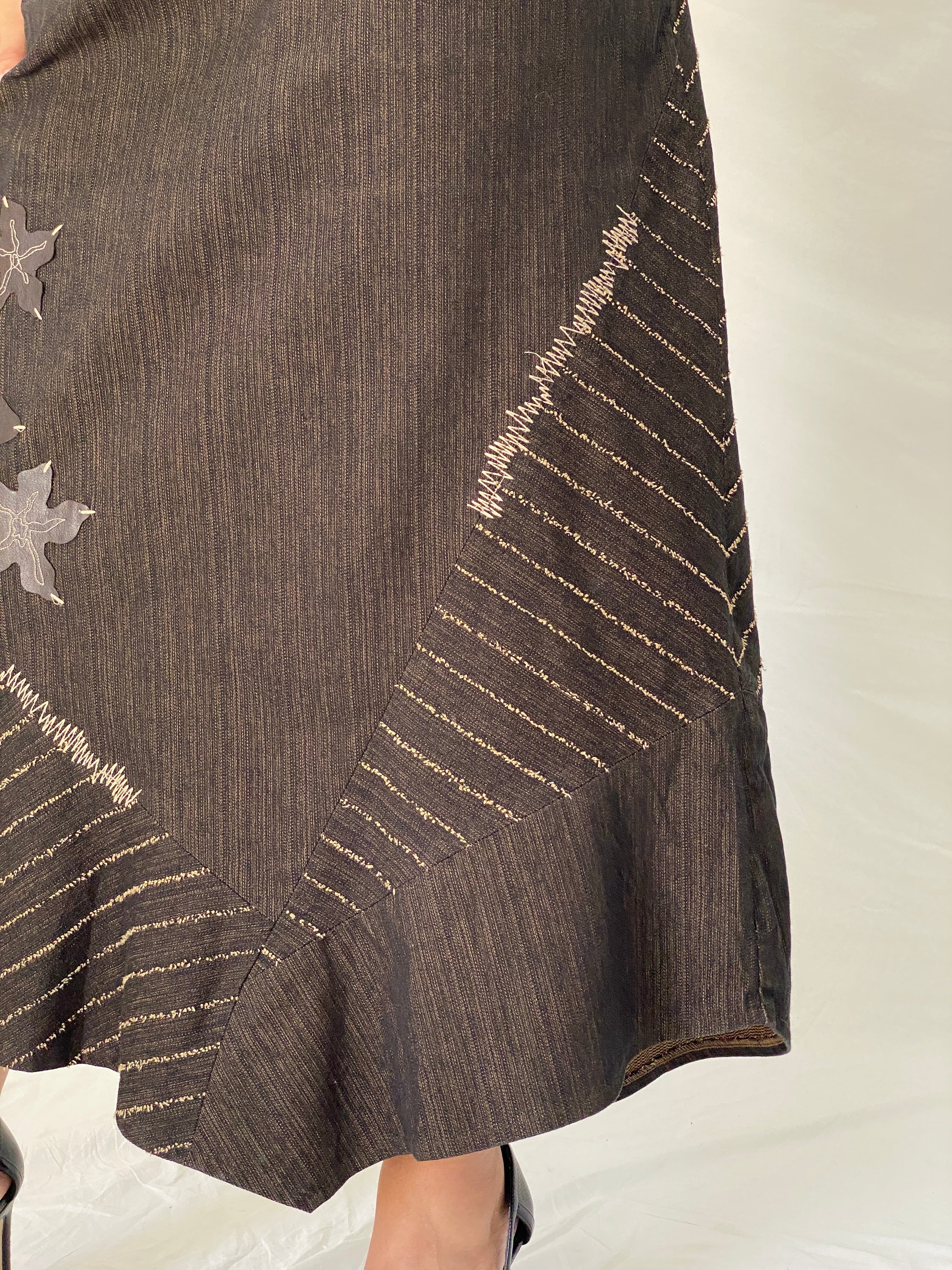 Vintage ISHWAR Brown Patchwork Midi Floral Embroidered Boho Skirt - XL