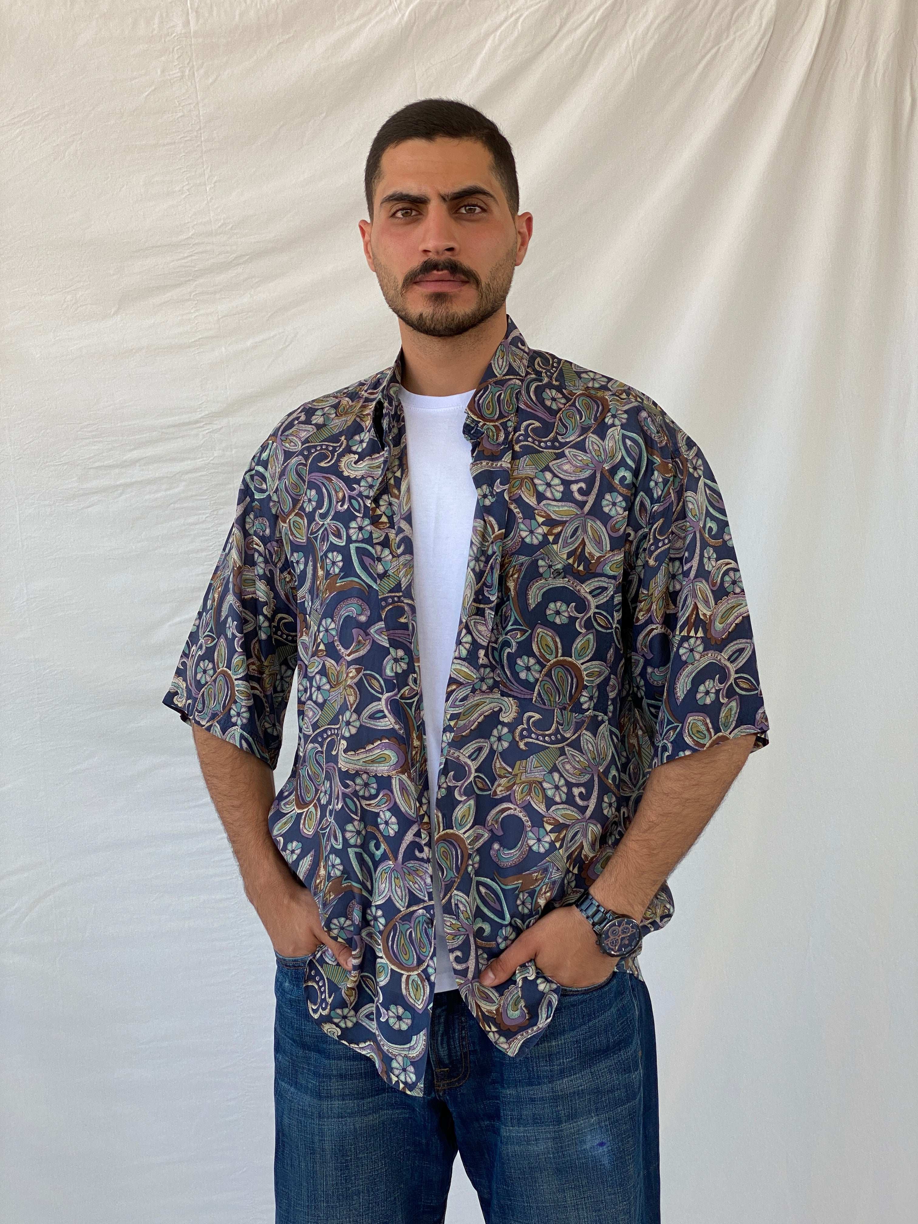 Vintage UTOPIA Paisley Print Men’s Oversized Silk Button-Up Shirt - L