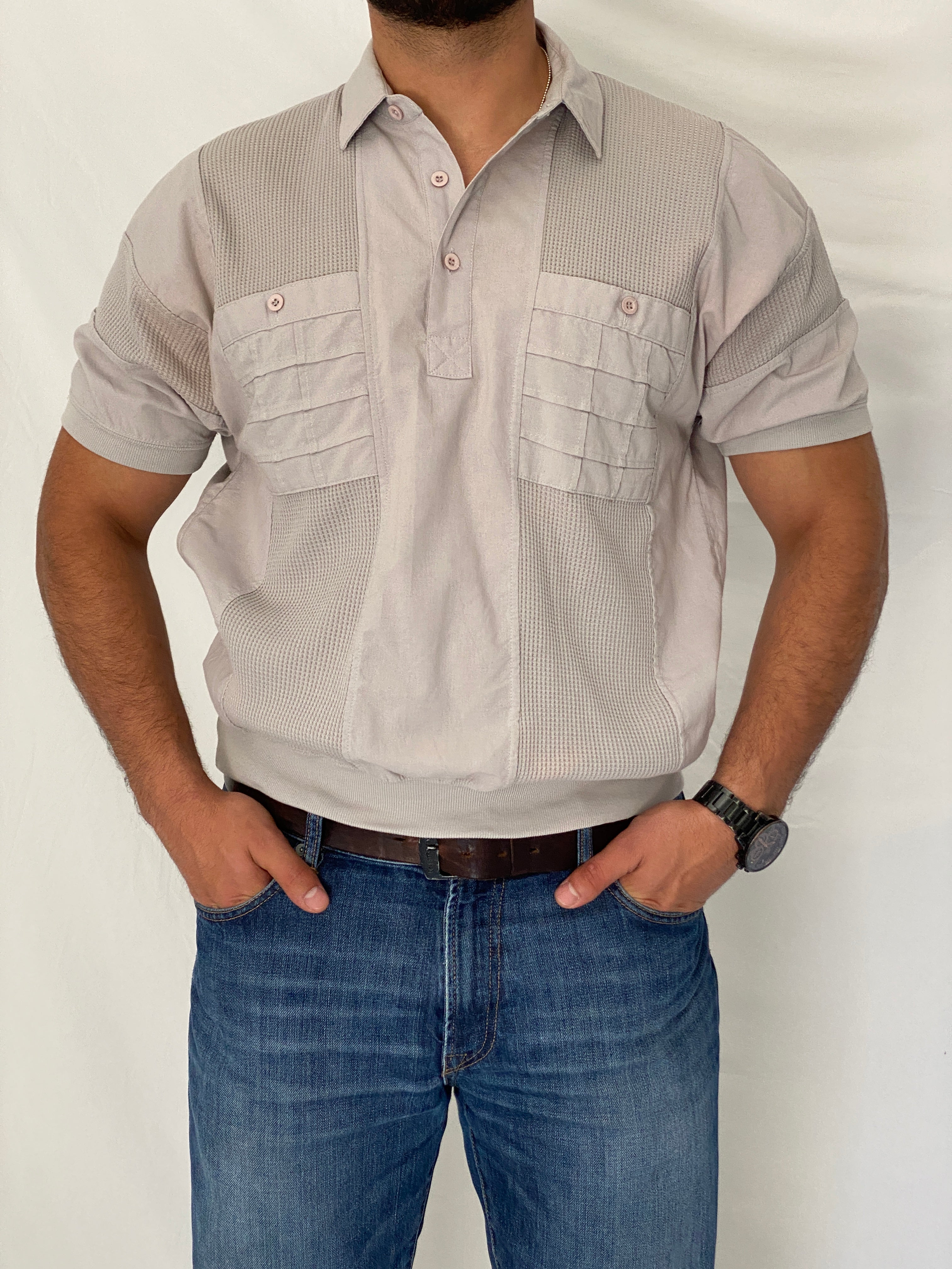 Vintage 90s Alexxus Exclusive Gray Top Textured Panel Polo Shirt – L