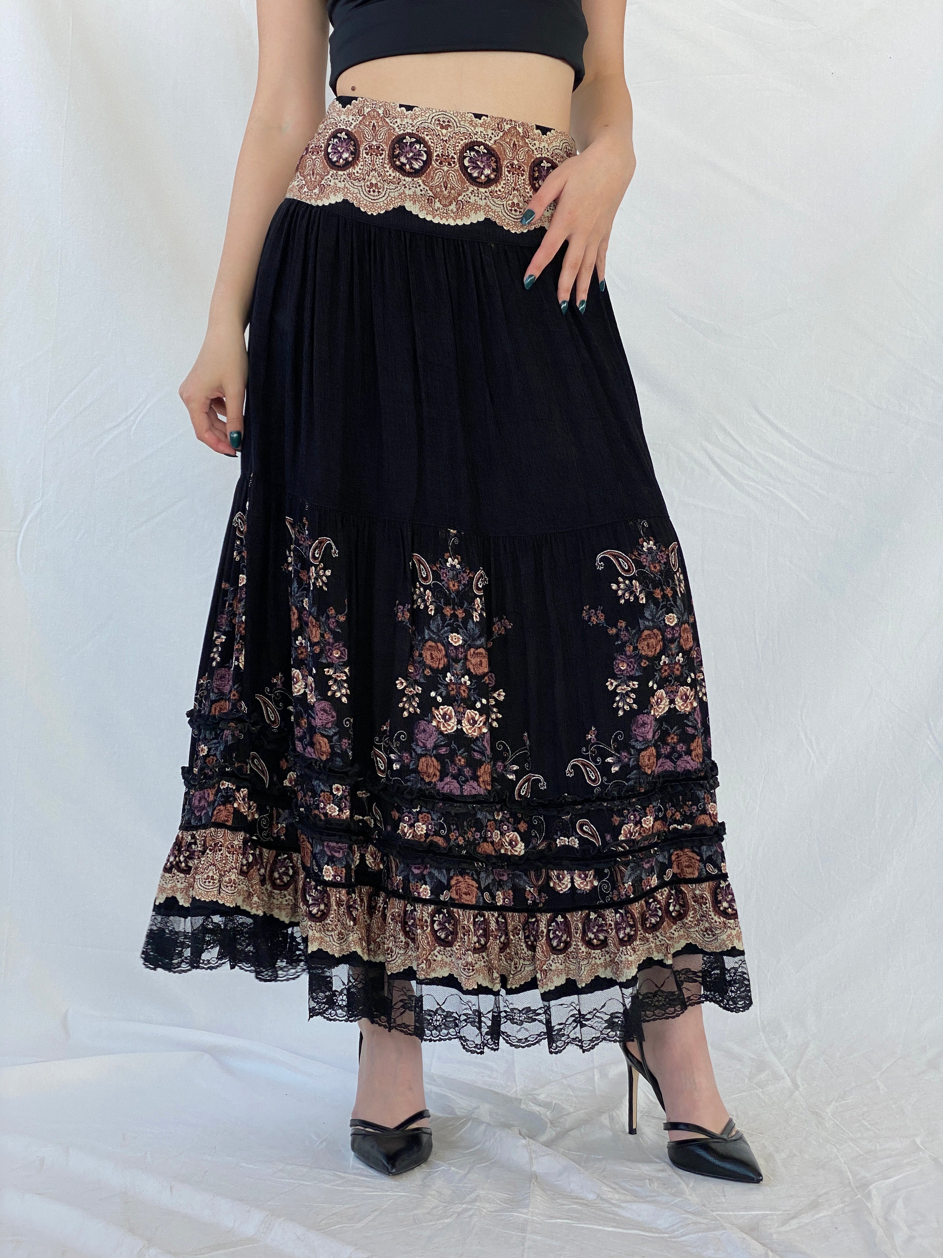 Vintage MOJJIL Black Boho Print Gypsy Maxi Skirt - M